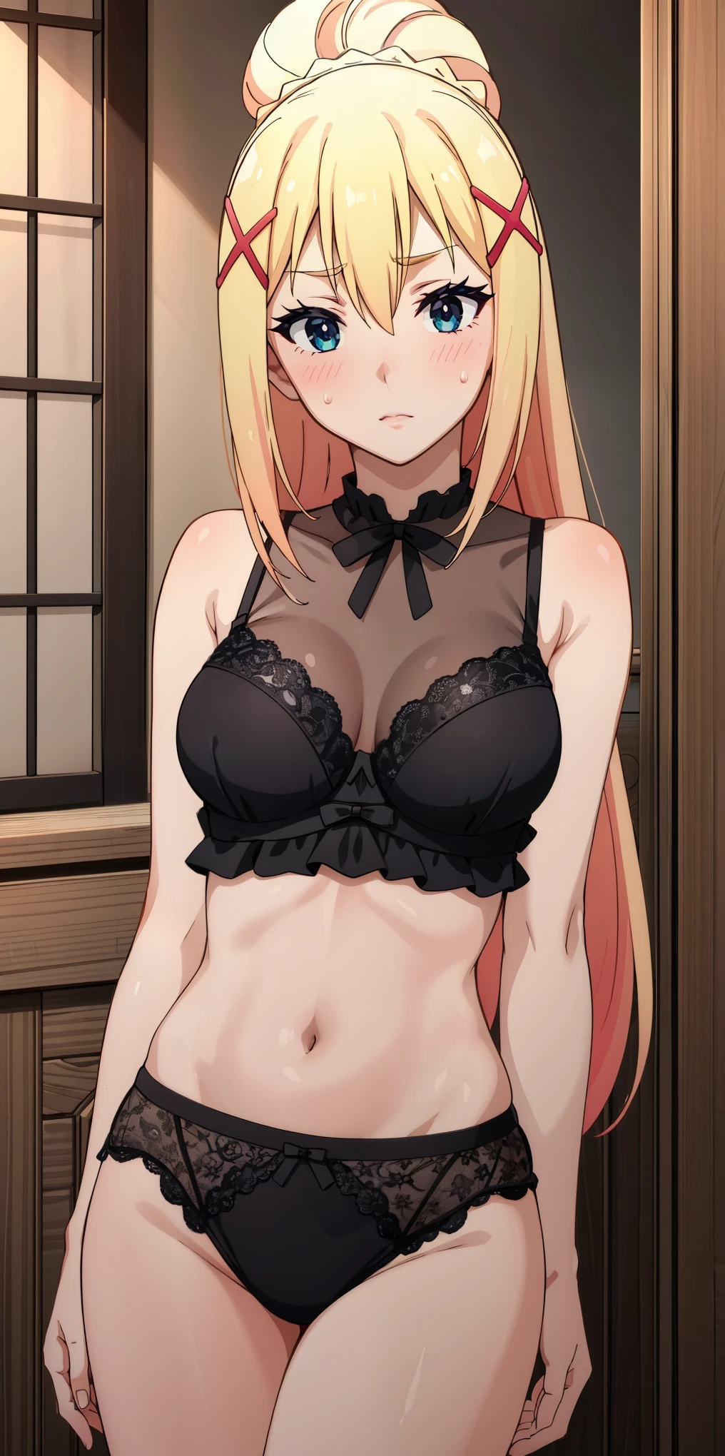 tall body, tall, long legs, mature female, mature, adult, EFT_Konsuba_Darkness, 1girl, darkness (konosuba), blonde hair, solo, blue eyes, long hair, x hair ornament, hair ornament, ponytail, looking at viewer, sweatdrop, medium breasts, breasts, indoors, braid,  (((black underwear, lingerie))), cowboy_shot. Ultra-detailed eyes. Sleeveless. Blush. 