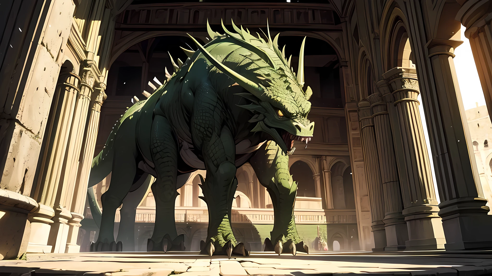 green dragon, menacing, in a cage, center colloseum, medieval times, ferocious, large body