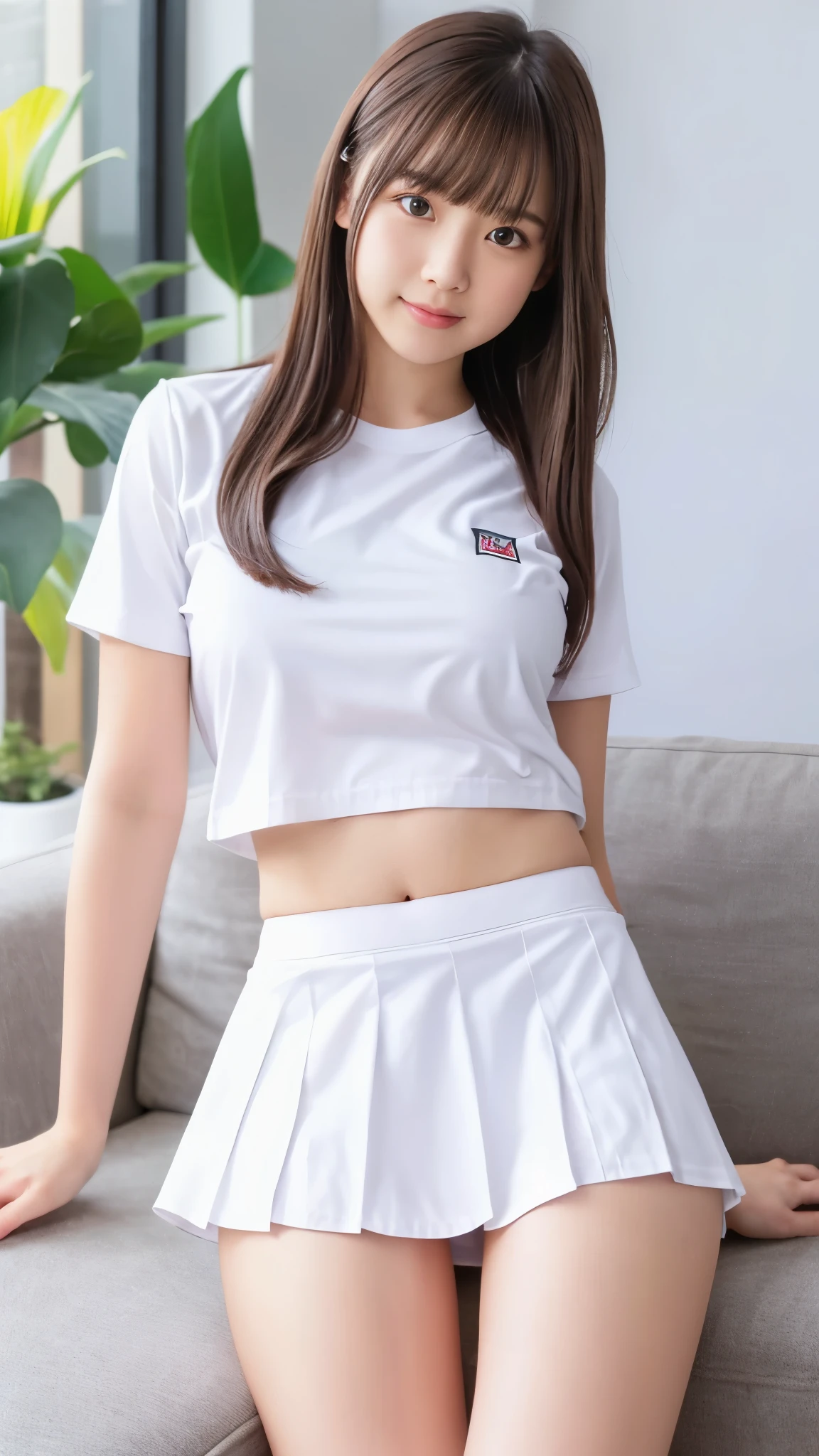 (realistic, photo realistic:1.2), ((highest quality)), cute high school girl,Show white panties:1.4,(panty shot:1.3), (mini pull up skirt:1.3), spread your legs a little,black loafers,I'm sitting on the couch,