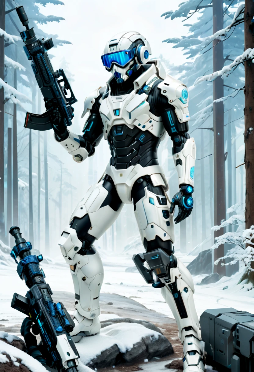 （Full body image），cyberpunk characters，middle，(A futuristic sci-fi warrior wearing a white mechanical suit lies on his side in the snow，Holding a high-tech sniper rifle to aim at the target，Made of vibranium，Fine machinery，electric wire，gear，Luxurious texture，White hood，mask，White camouflage uniform，Blue glowing goggles，mask），heavy snow，in the forest，snowfield，（global illumination、Ray tracing、human development report、Unrealistic rendering、Rational design、masterpiece、best quality、ultra high definition、light）