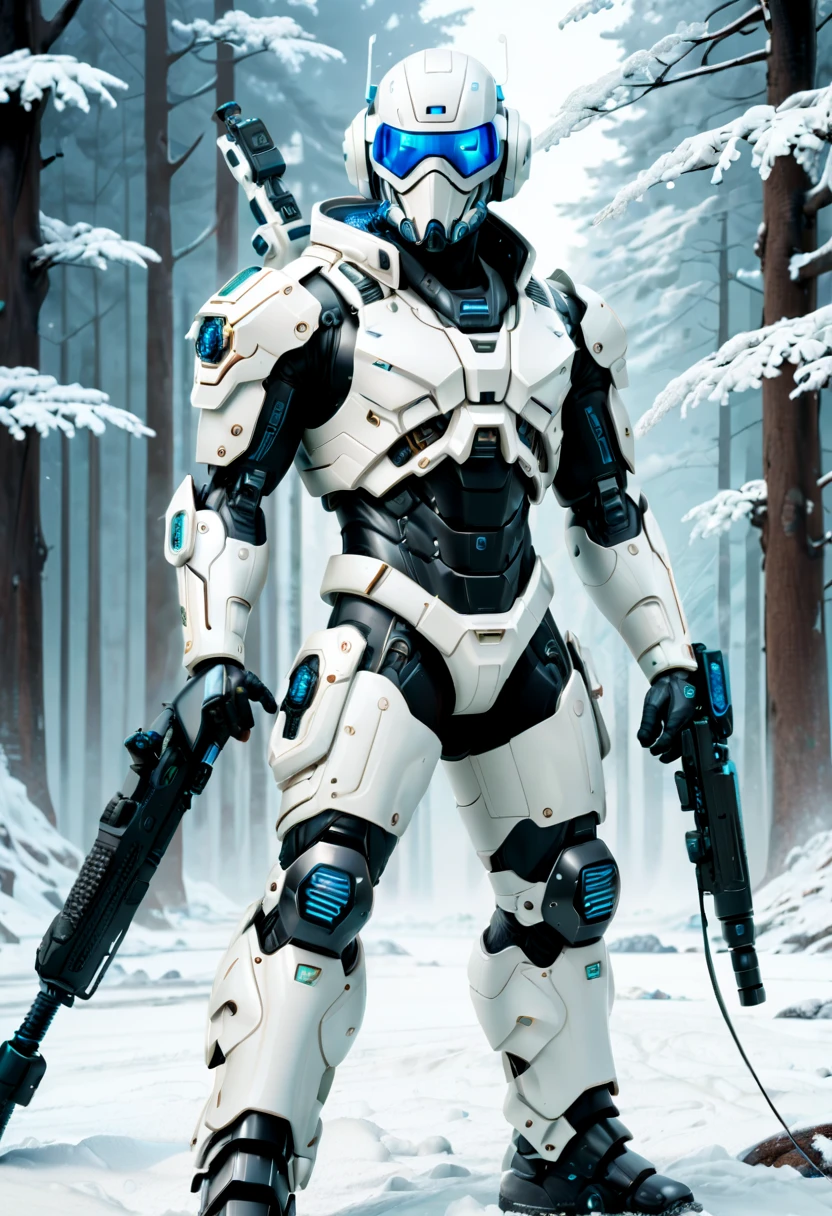(Full body image),cyberpunk characters,middle,(A futuristic sci-fi warrior wearing a white mechanical suit lies on his side in the snow,Holding a high-tech sniper rifle to aim at the target,Made of vibranium,Fine machinery,electric wire,gear,Luxurious texture,White hood,mask,White camouflage uniform,Blue glowing goggles,mask),heavy snow,in the forest,snowfield,(global illumination、Ray tracing、human development report、Unrealistic rendering、Rational design、masterpiece、best quality、ultra high definition、light)