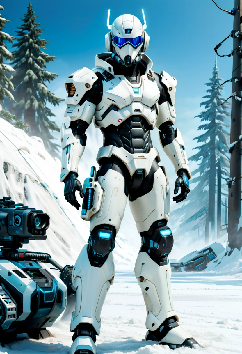（Full body image），cyberpunk characters，middle，(A futuristic sci-fi warrior wearing a white mechanical suit lies on his side in the snow，Holding a high-tech sniper rifle to aim at the target，Made of vibranium，Fine machinery，electric wire，gear，Luxurious texture，White hood，mask，White camouflage uniform，Blue glowing goggles，mask），heavy snow，in the forest，snowfield，（global illumination、Ray tracing、human development report、Unrealistic rendering、Rational design、masterpiece、best quality、ultra high definition、light）