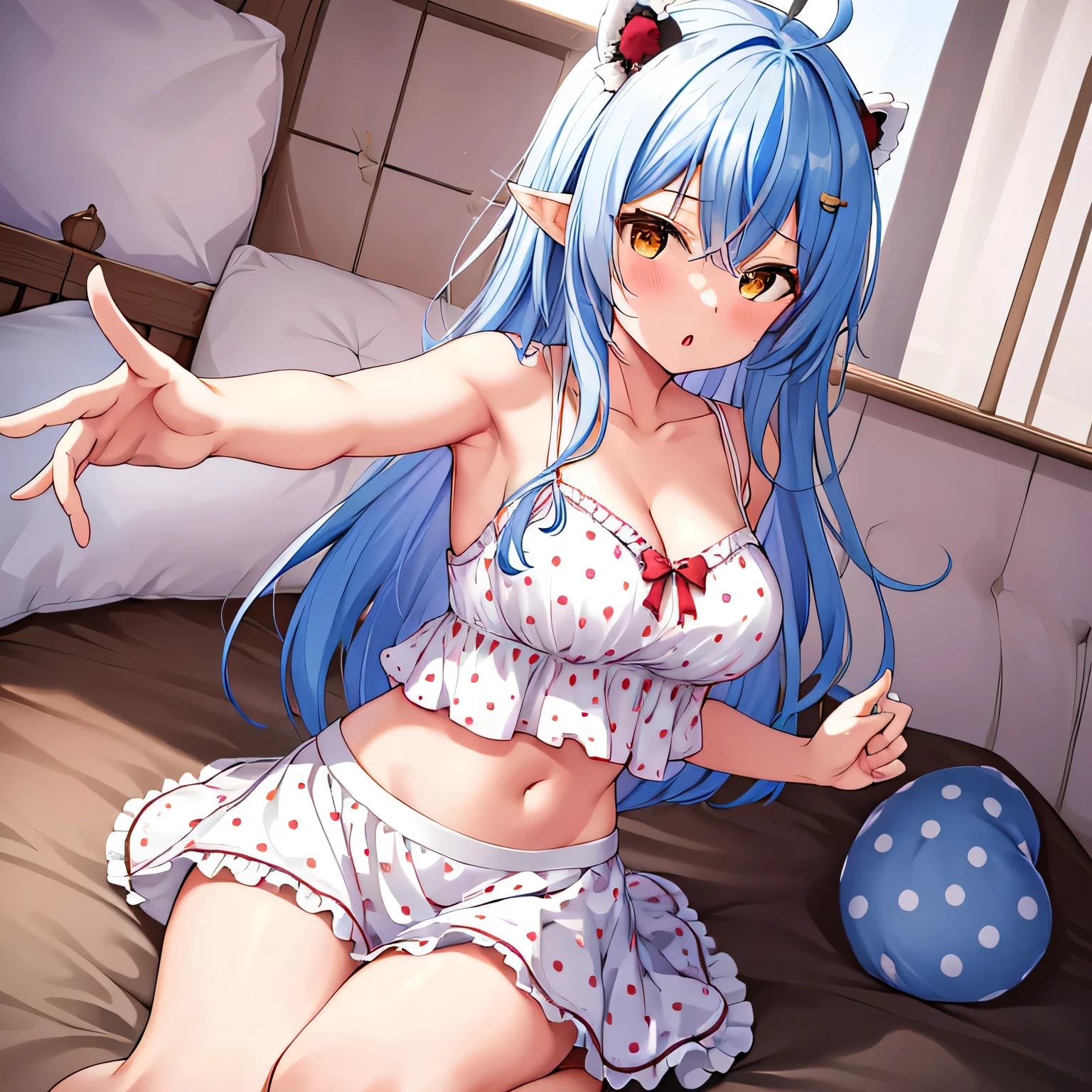 masterpiece, best quality, highres, 1girl, eelamy, long hair, streaked hair, ahoge, hair ornament, cleavage, polka dot, white camisole, white skirt, midriff, bed, wariza, pillow, :o, reaching out, outstretched arm,