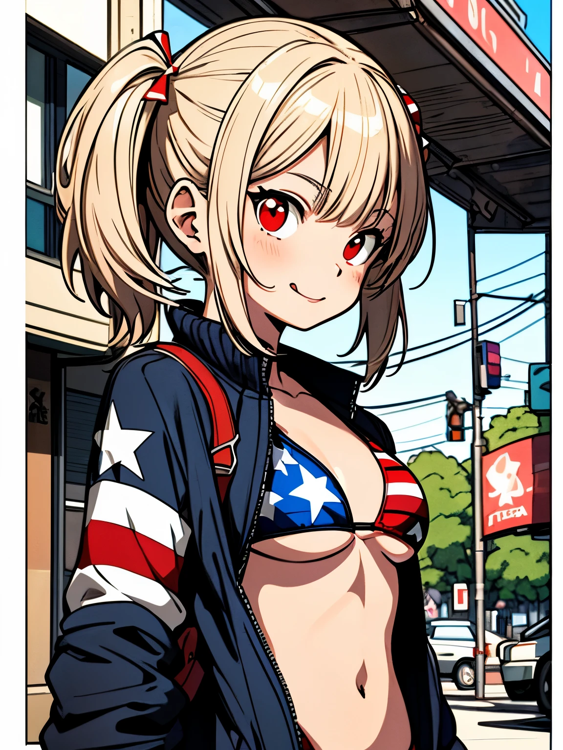 masterpiece, best quality, ultra detailed, 1 girl, flat color, cel shading, solid outline, ultra detailed face, :p, brown short low twintails hair with bangs, wearing stars and stripes flag bikini with jacket, underboob, shopping street in dusk