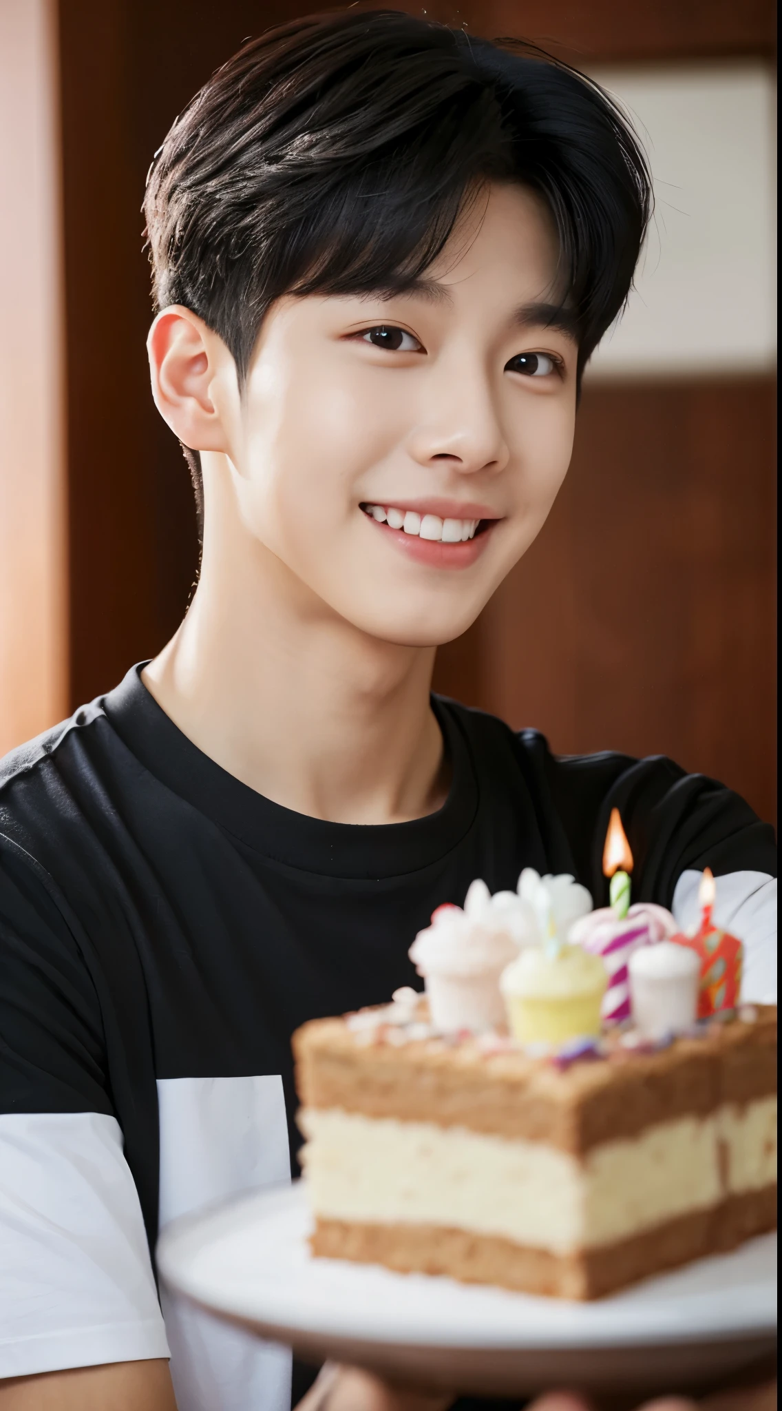 a young man, wearing a white shirts, sit down, korean young man, realistic, ultra detail, look like a korean idol, kim doyoung, mark lee, black hair, perfect face, sharp nose, bring a birthday cake in his hand, is having a birthday, in the living room, extreme long shot picture, smilling, wall background, perfect eye angle picture, wide wall background