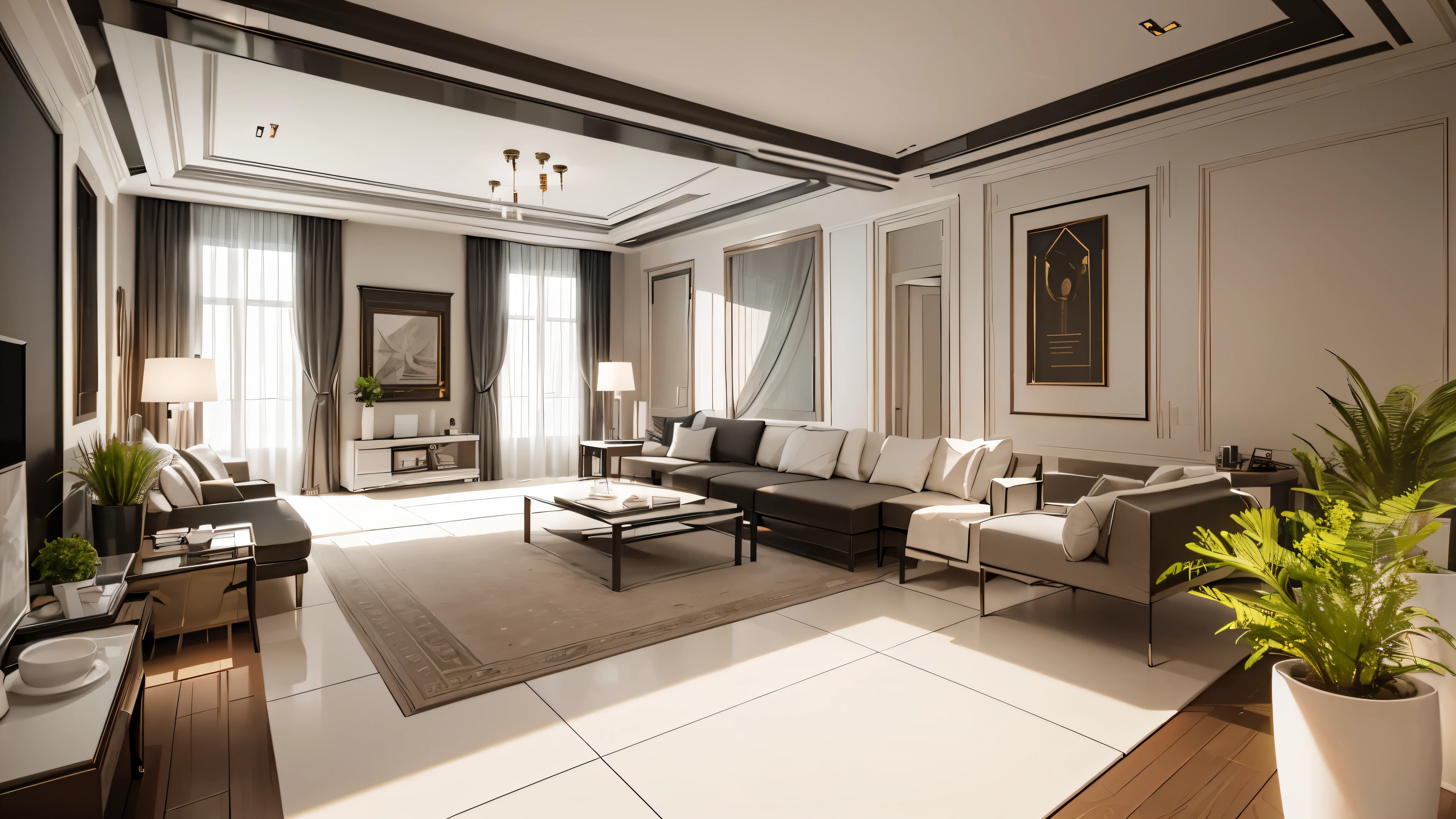 You are a famous interior designer、You have been asked to create a 3D image of a modern large room. Create a harmonious environment with modern and minimalist furniture. Including garden interior.