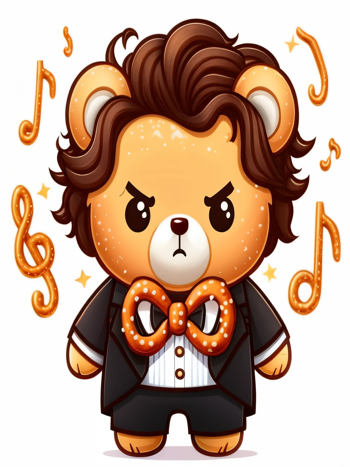cartoon illustration of a teddy bear dressed in a suit and a bow tie made of pretzel, 官方插画, 官方人物插画, 官方同人画, 吉祥物插画, 拟人化熊的肖像, short brown curly hair, a grumpy face, holding a large glass of beer.