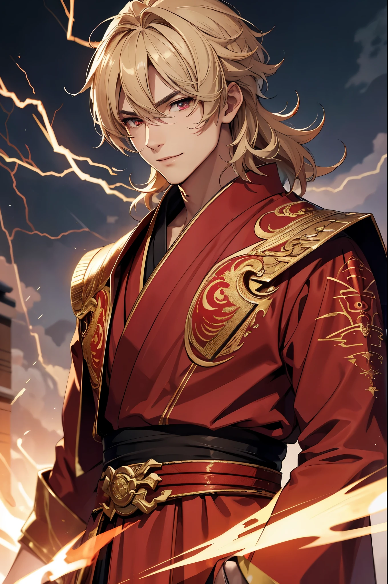 (masterpiece, Best Quality, absurdres, 4K, 8K, 16K, high resolution, HD wallpaper, HDR, absurdres, highres, ultra detailed), ((Solo Boy)), Handsome, Seductive smile, libido boy, blonde hair, (red eyes, Detailed eyes, perfect pupils, finely eye and detailed face), (fractal art: 1.2, lightning sparks, plenty of lightning, electrifying), (((red samurai clothes, silk robe, intricate design))), cowboy shot, looking at viewer, upper body, tall, muscular
