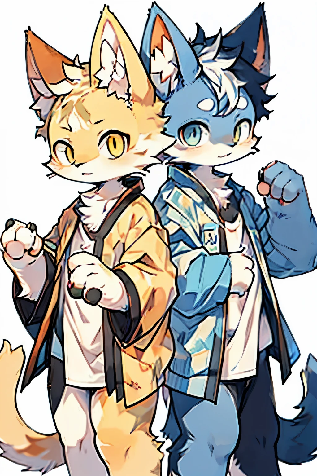  two Anthro cat drawing together, one cat focusing drawing in the paper and the other one focus drawing on digital device in 2D japanese furry art style, simple detailed
