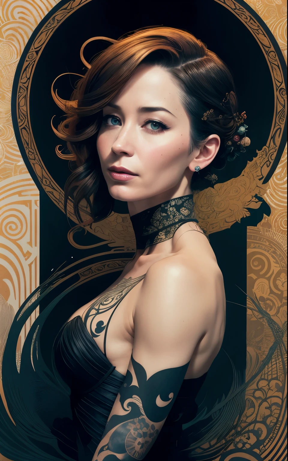 (Emily blunt:Evangeline Lilly) is a beautiful charming pirate carved out of dark smoke, dressed as a pirate in black, circular colored smoke, waves of shadows at night, abstract skull ornaments, soft colors, flat 4d street art in the style of adrian ghenie, esao andrews, jenny saville , edward hopper, surrealism, james jean dark, takato yamamoto, inkpunk minimalism, , detailed symmetrical brown eyes with circular iris, seamless geometric pattern harmony, luminogram, iron gall ink, art by Russ Mills, Sakimichan,, by GIlSam -paio octane rendering depicting innovation and truth, 8k, by Lee Jeffries, depth - Gs studio