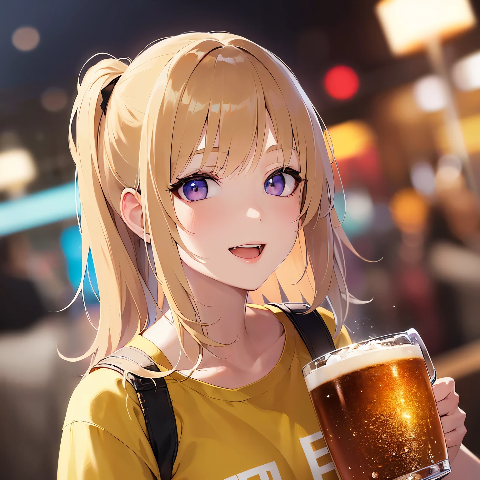 cinematic angle, medium shot, Realistic, real person, RAW photo, photorealistic, portrait photography, shiny skin, japanese idol、(A 20-year-old woman with blonde bangs and purple eyes.) and (side ponytail), (Wearing a yellow T-shirt:1.5)、(smile:1.2), open mouth, holding a mug of beer、Alone、staring at、Are standing、night festival