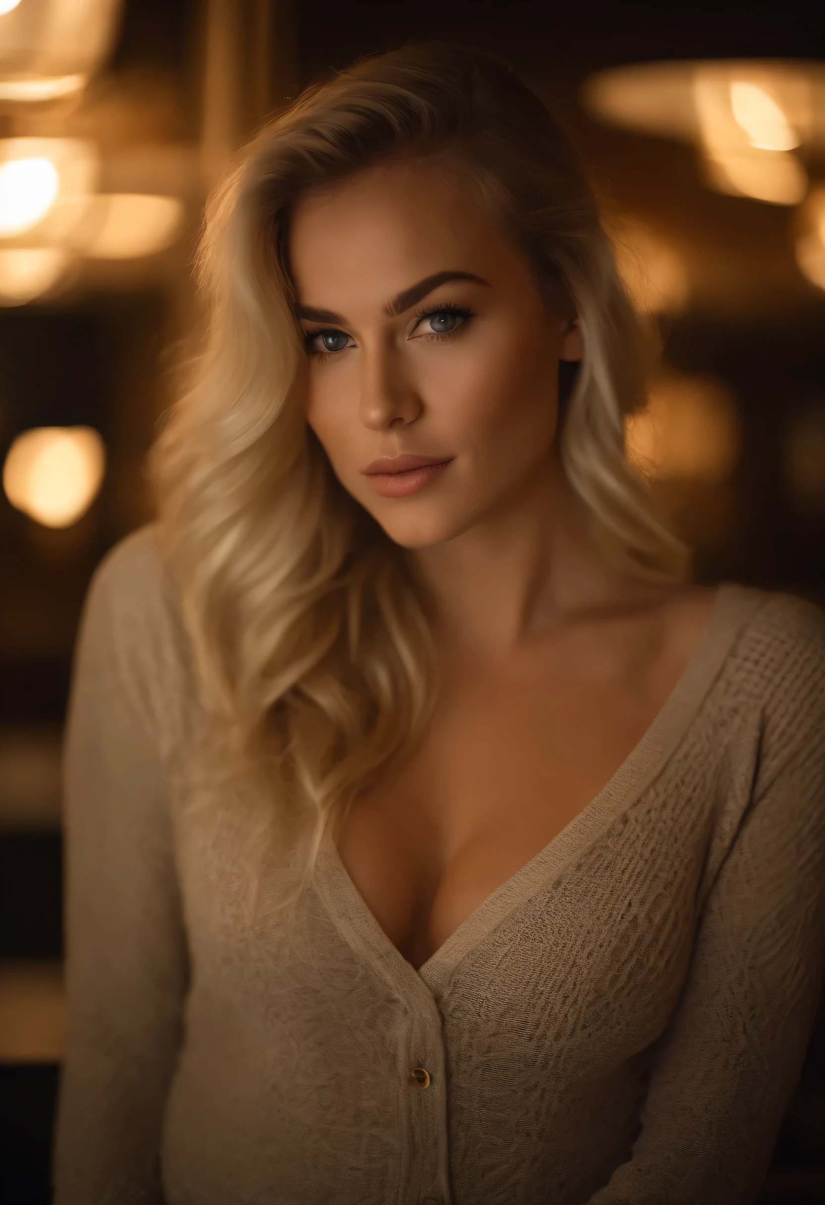 (corinna kopf) Highly detailed, Erotic women, knit shirt, (busty, The are so huge The shirt keeps busting, Golden hair,poneyTail,light skinned),Focusing on the face, Focus on the face, intricate eyes,The background is a hotel,
