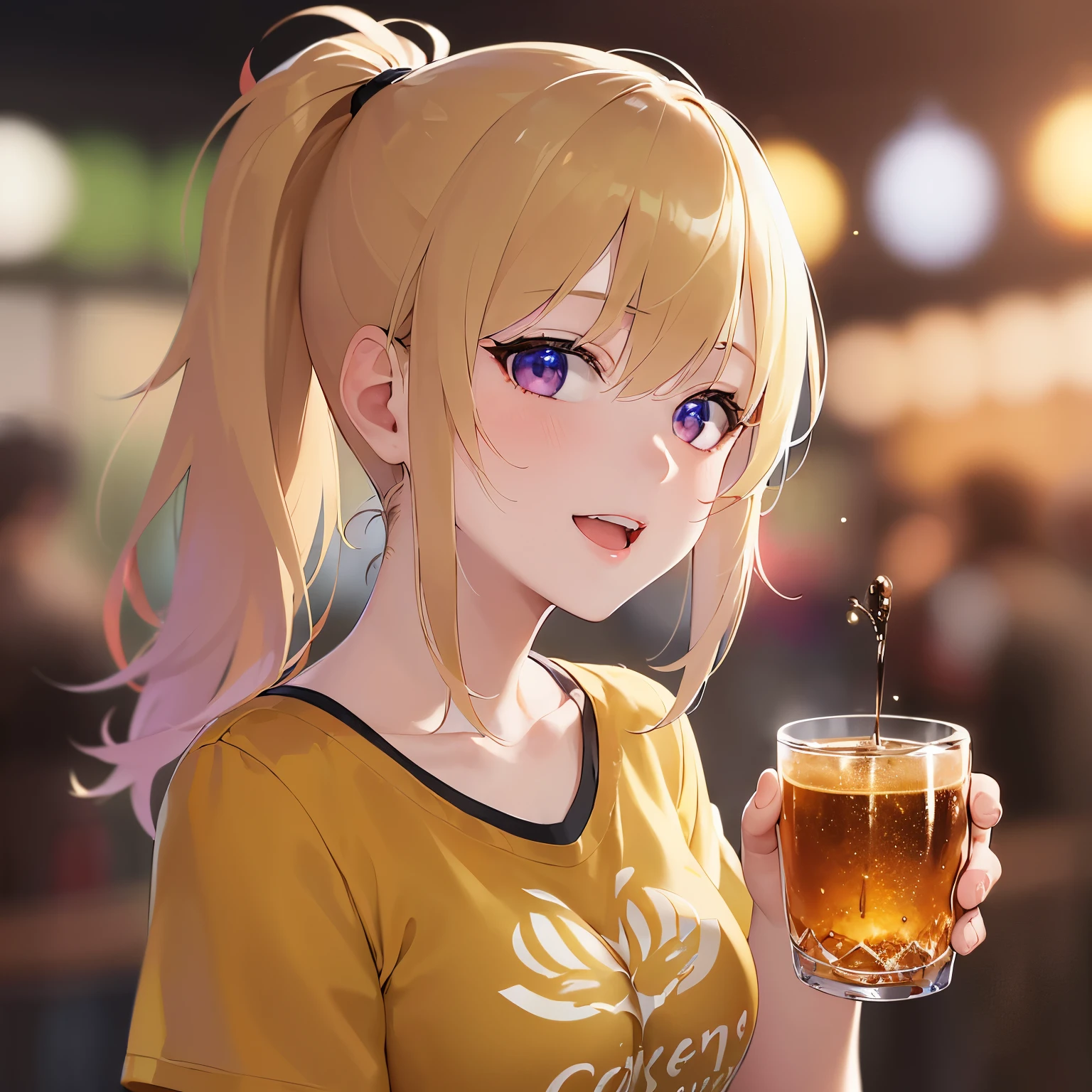 cinematic angle, medium shot, Realistic, real person, RAW photo, photorealistic, portrait photography, shiny skin, japanese idol、(A 20-year-old woman with blonde bangs and purple eyes.) and (side ponytail), (Wearing a yellow T-shirt:1.5)、(smile:1.2), open mouth, holding a mug of beer、Alone、staring at、Are standing、night festival