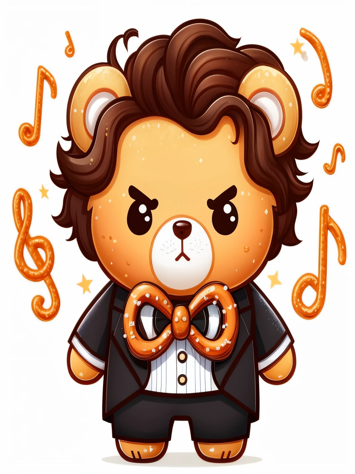 cartoon illustration of a teddy bear dressed in a suit and a bow tie made of pretzel, 官方插画, 官方人物插画, 官方同人画, 吉祥物插画, 拟人化熊的肖像, short brown curly hair, a grumpy face, holding a large glass of beer.