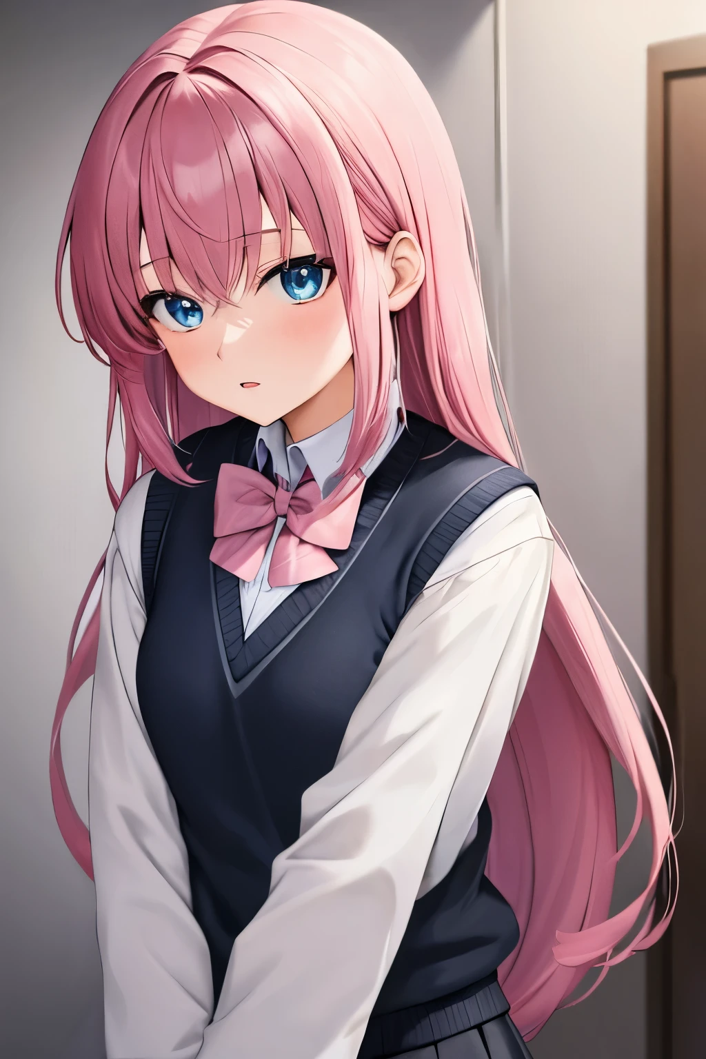 (masterpiece, best quality: 1.2), close-up photo, anime girl very long pink hair, blue eyes, with long-sleeved white sweater and knitted black vest, gray short school skirt, very detailed, pink bow tie, he is 17 years old, feel surprised, in the bathroom,