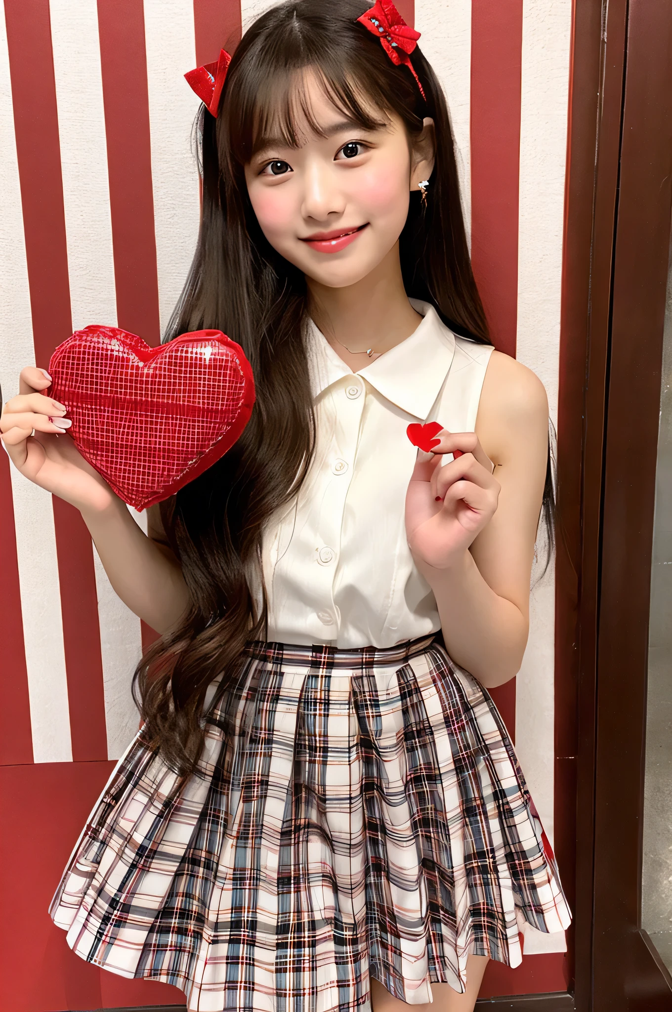 Hold Valentine's Day's day chocolate in both hands、An 18-year-old high school girl wearing a super miniskirt with a red plaid pattern and a white dress shirt..