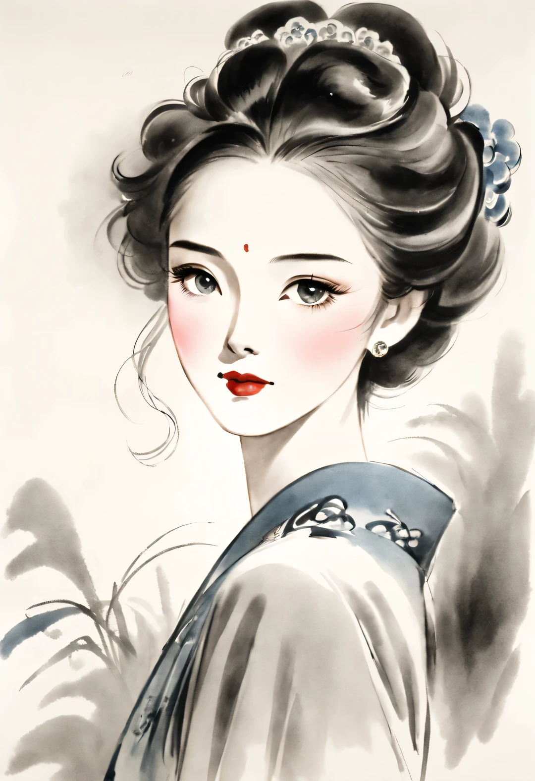 Chinese ink portraits of beautiful women in the 1930s, Movie lights with 1930s hairstyle, Fashion, Overhead light, close up, close up, spotlight, hazy, Chen Jialeng, Mu Xia, gorgeous clothes, line art, ink painting,