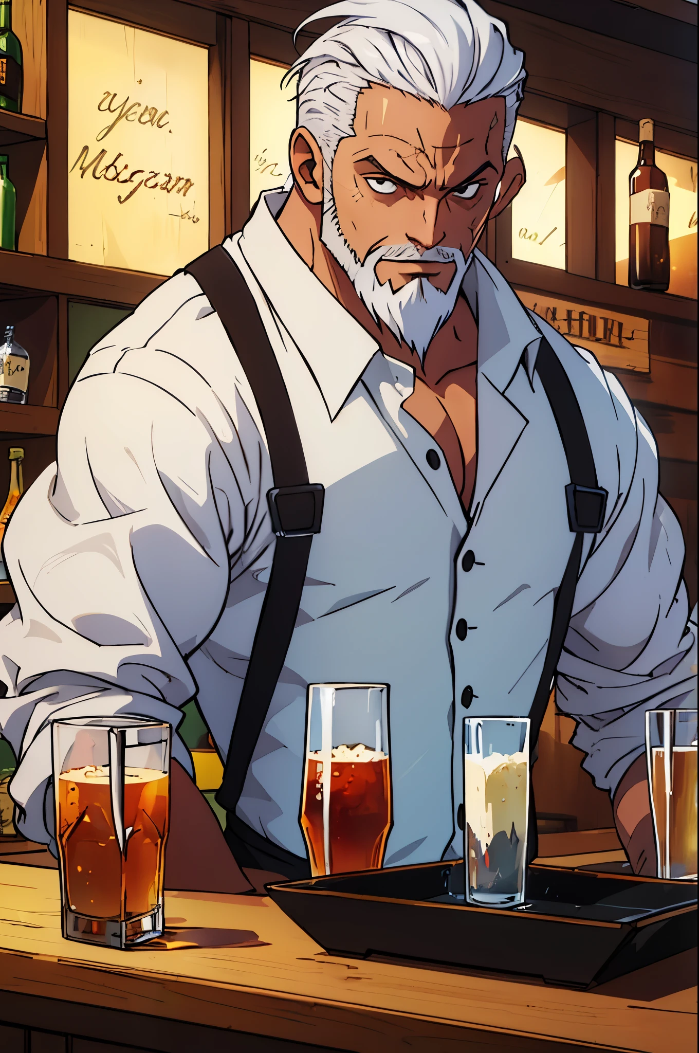 (masterpiece:1.3), (Best quality:1.3), 8K, One, barman, beard, man, One eye, scar, White hair, full length, behind the bar