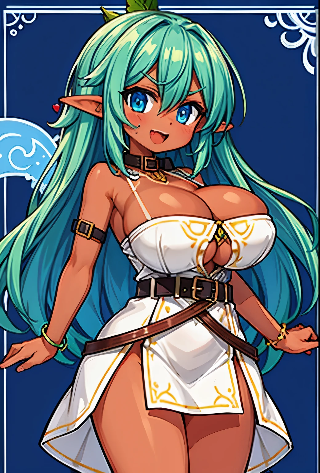 (tanned elf girl:1.2), (blue battle dress), (collar) (belts), (huge tits)