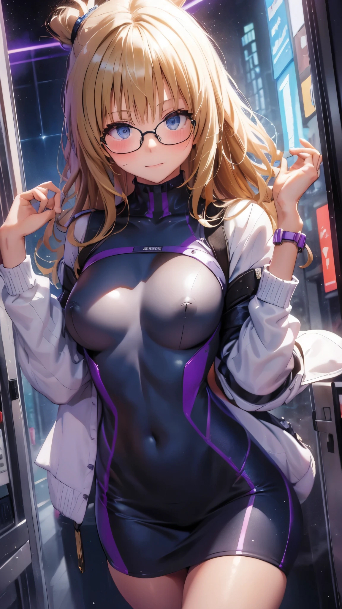 woman,,,city,night,(((white and blue tight miniskirt bodysuit))),,open mouth smile((See-through))(((glasses))),((beautiful long ponytail)),(()),blush、surprised face,((())),((blonde))(((On the way to changing clothes)))(((While taking off my clothes)))