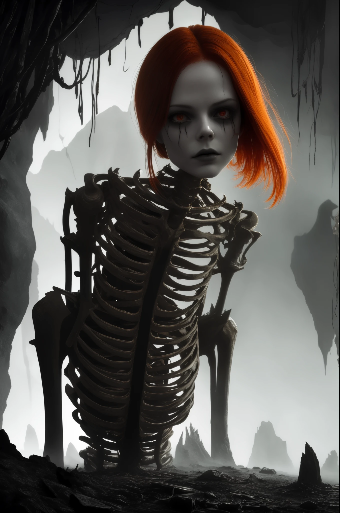 A chilling body horror illustration of a beautiful redhead woman, her skeletal body contorted in an unsettling way, revealed in the dim light of a dark cavern. The horror deepens as her eyes, filled with malice and evil, glint in the darkness. The image is rendered in photorealistic detail with a resolution of 4k on a Nikon camera, capturing every grotesque detail and high contrast with an HDR technique. The style is reminiscent of surrealist art with its grim atmosphere, as if brought to life from a nightmare. Art stations, deviantart, dribble, and redbubble are great platforms to discover similar masterpieces.
