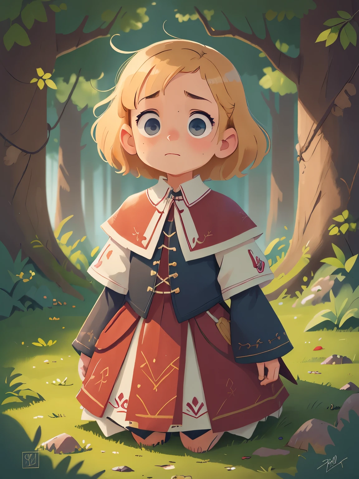 (A five year old depressed with short hair, blonde hair, and blue eyes:1.5),((short hair)),((palace)),High definition, detailed, ultra detailed,Medieval Europe, medieval clothing, watercolor, medieval style,