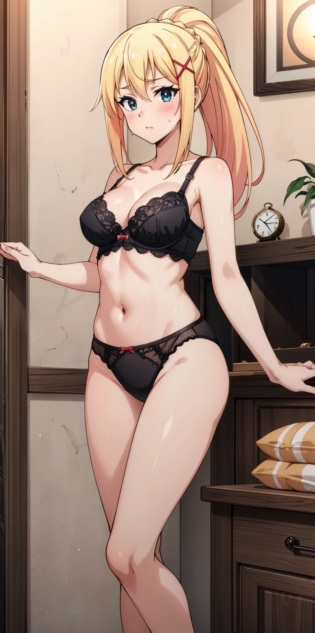 tall body, tall, long legs, mature female, mature, adult, EFT_Konsuba_Darkness, 1girl, darkness (konosuba), blonde hair, solo, blue eyes, long hair, x hair ornament, hair ornament, ponytail, looking at viewer, sweatdrop, medium breasts, breasts, indoors, braid,  (((black underwear, lingerie))), cowboy_shot. Ultra-detailed eyes. Sleeveless. Blush. 