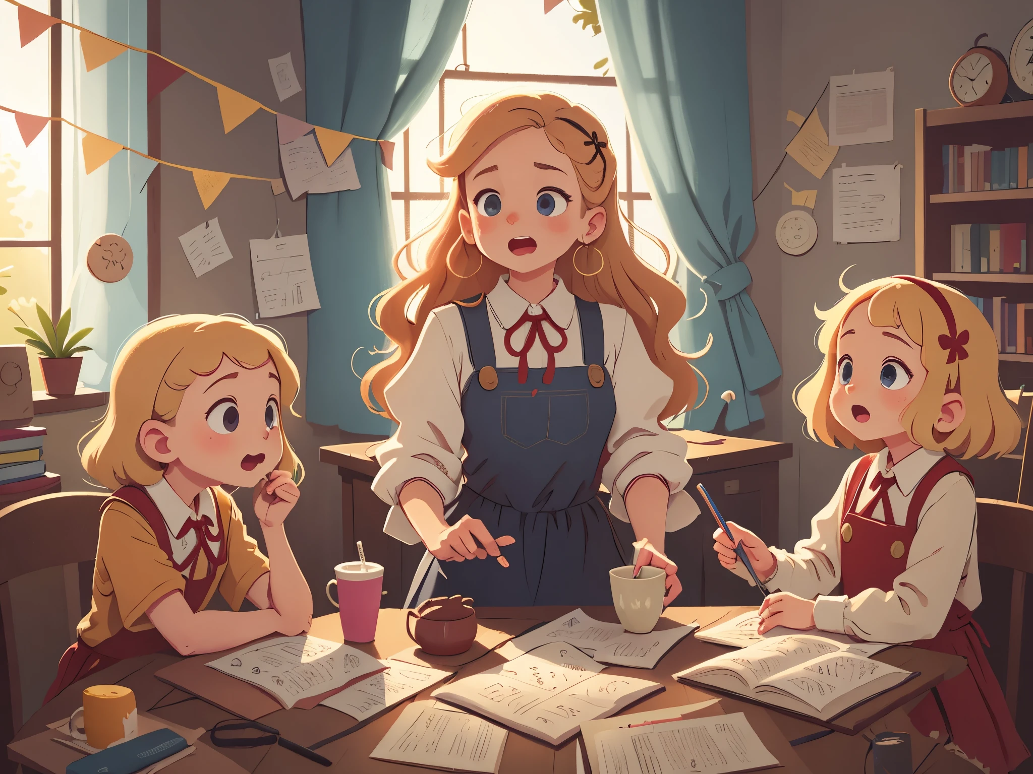 [[[Ultra detailed, best quality, beautiful, 4K, detailed faces, medieval story]]], (((blond hair))), blue eyes, several little girls in a circle, cheerful talk, in school, windows, curtains, school buildings,