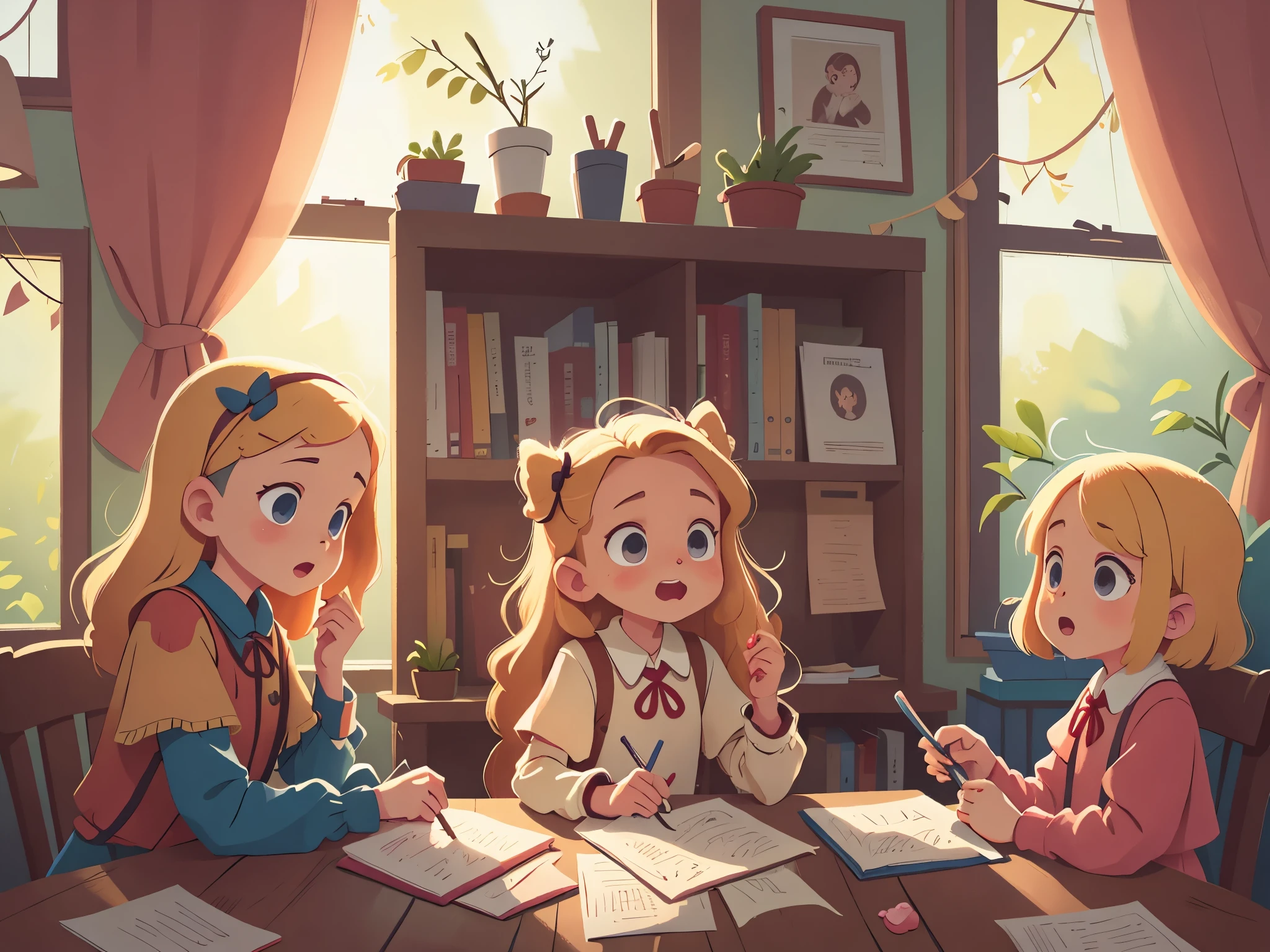 [[[Ultra detailed, best quality, beautiful, 4K, detailed faces, medieval story]]], (((blond hair))), blue eyes, several s in a circle, cheerful talk, in school, windows, curtains, school buildings,