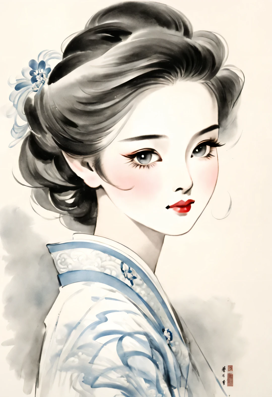 Chinese ink portraits of beautiful women in the 1930s, Movie lights with 1930s hairstyle, Fashion, Overhead light, close up, close up, spotlight, hazy, Chen Jialeng, Mu Xia, gorgeous clothes, line art, ink painting,