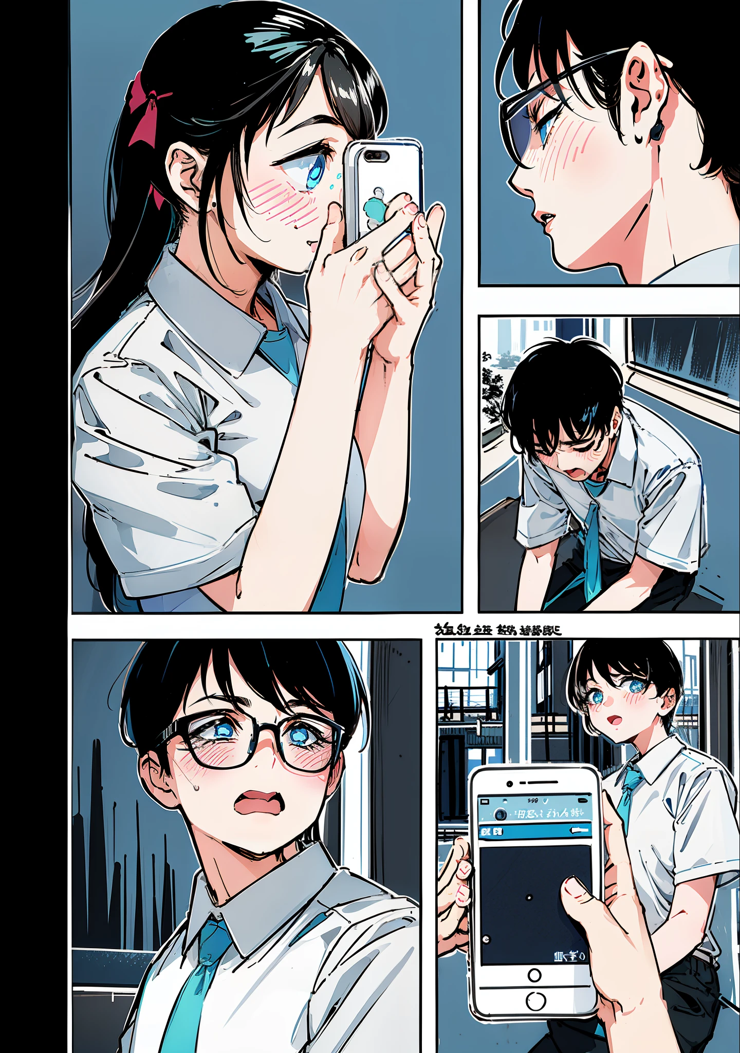 a cute girl and boy,害羞的表情,白衬衫 , cute eyes, illustration-nii 5-style cute, with boold manga line style,
dynamic pose dark white,, f/64 group, related
characters,