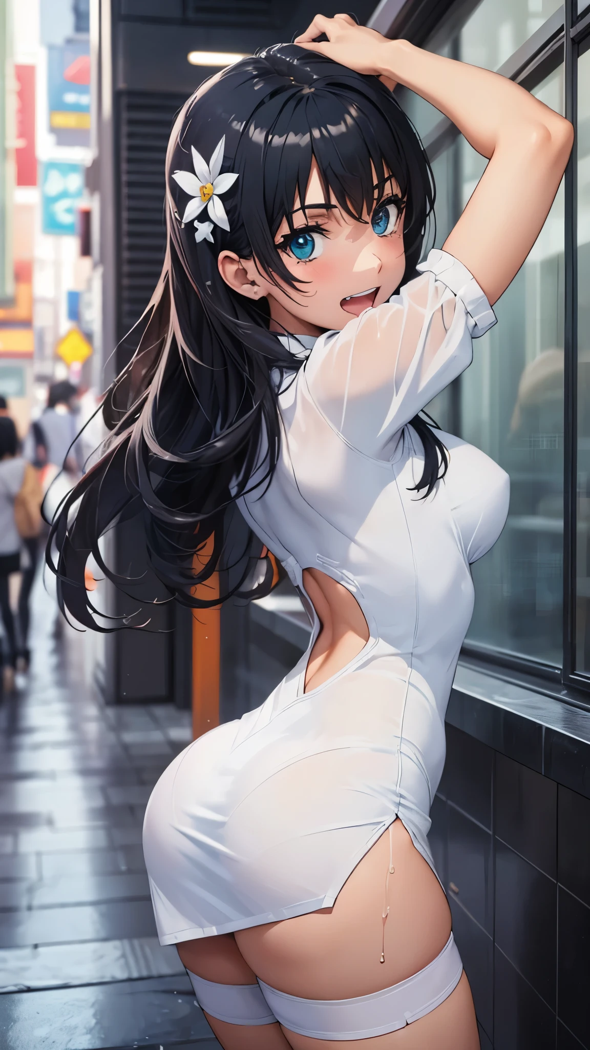woman,,,city,night,(((white and blue tight miniskirt bodysuit))),,open mouth smile(())(See-through),(()),((Nariko Saten)),blush、surprised face,((())),((turn around and look back))(wet with sweat)