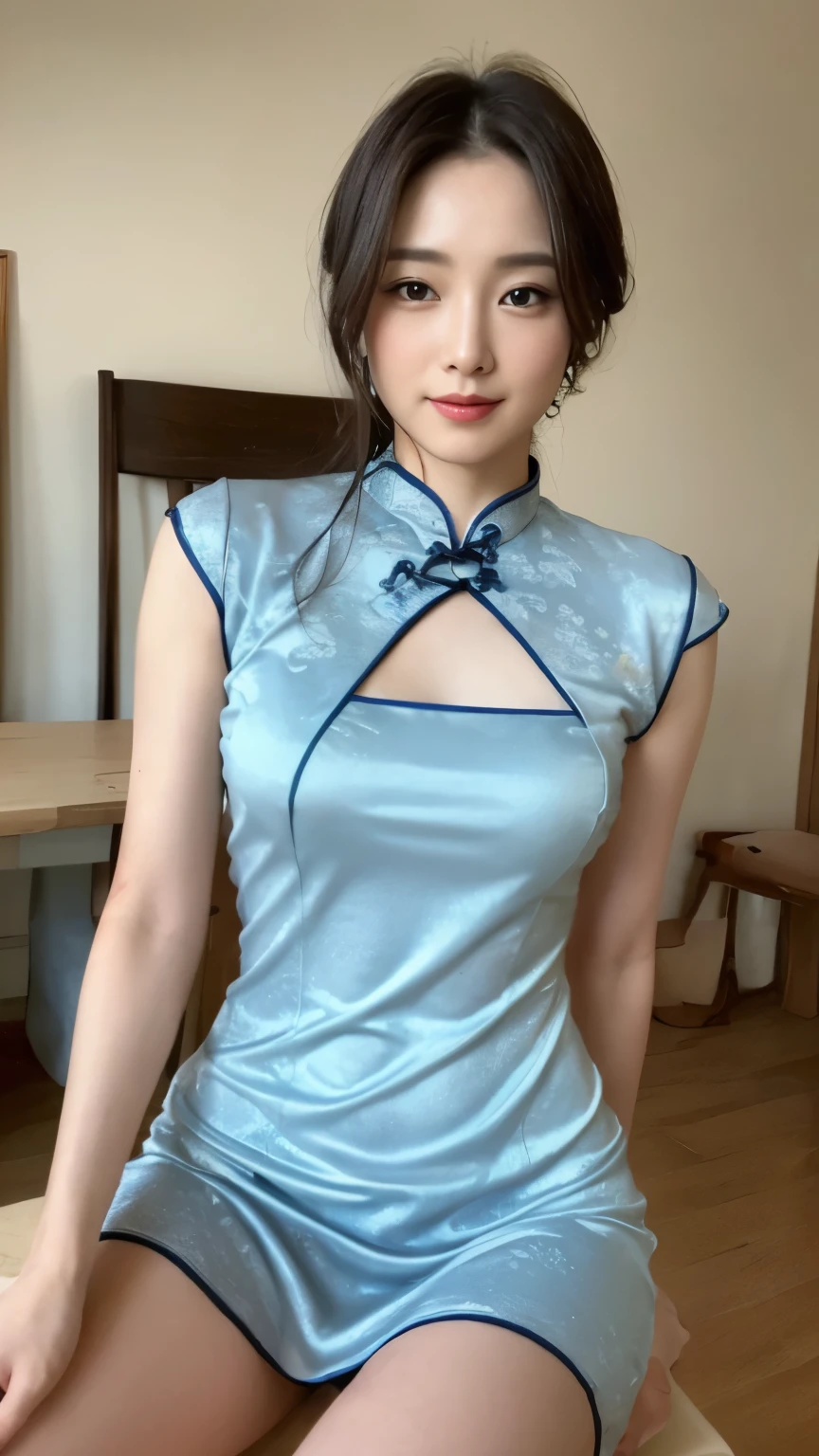 ((top-quality、8k、​masterpiece:1.3))、Beautiful woman with perfect body:1.4、slim abdomen:1.2、Longhair, normal breast, Highly detailed facial and skin texture, A detailed eye, delicate eyes, double eyelid, (smile), (full body shot), ((studio)), (sitting on chair), (((wearing \ cheongsam 1.1))), looking in front