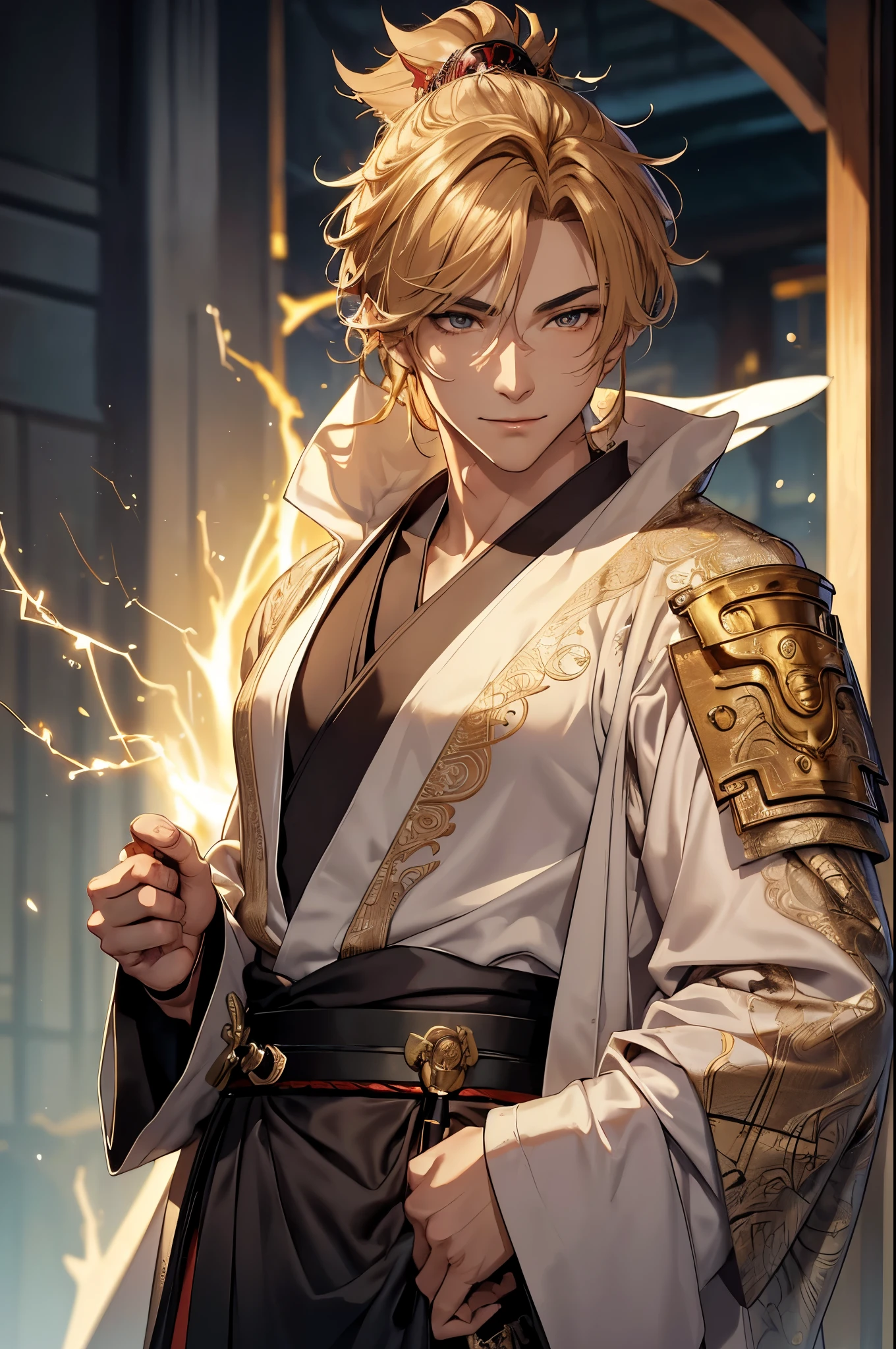 (masterpiece, Best Quality, absurdres, 4K, 8K, 16K, high resolution, HD wallpaper, HDR, absurdres, highres, ultra detailed), ((Solo Boy)), Handsome, Seductive smile, libido boy, golden hair, (Detailed eyes, perfect pupils, finely eye and detailed face), (fractal art: 1.2, lightning sparks), (((samurai clothes, silk robe, intricate design))), cowboy shot, looking at viewer, upper body, tall, muscular