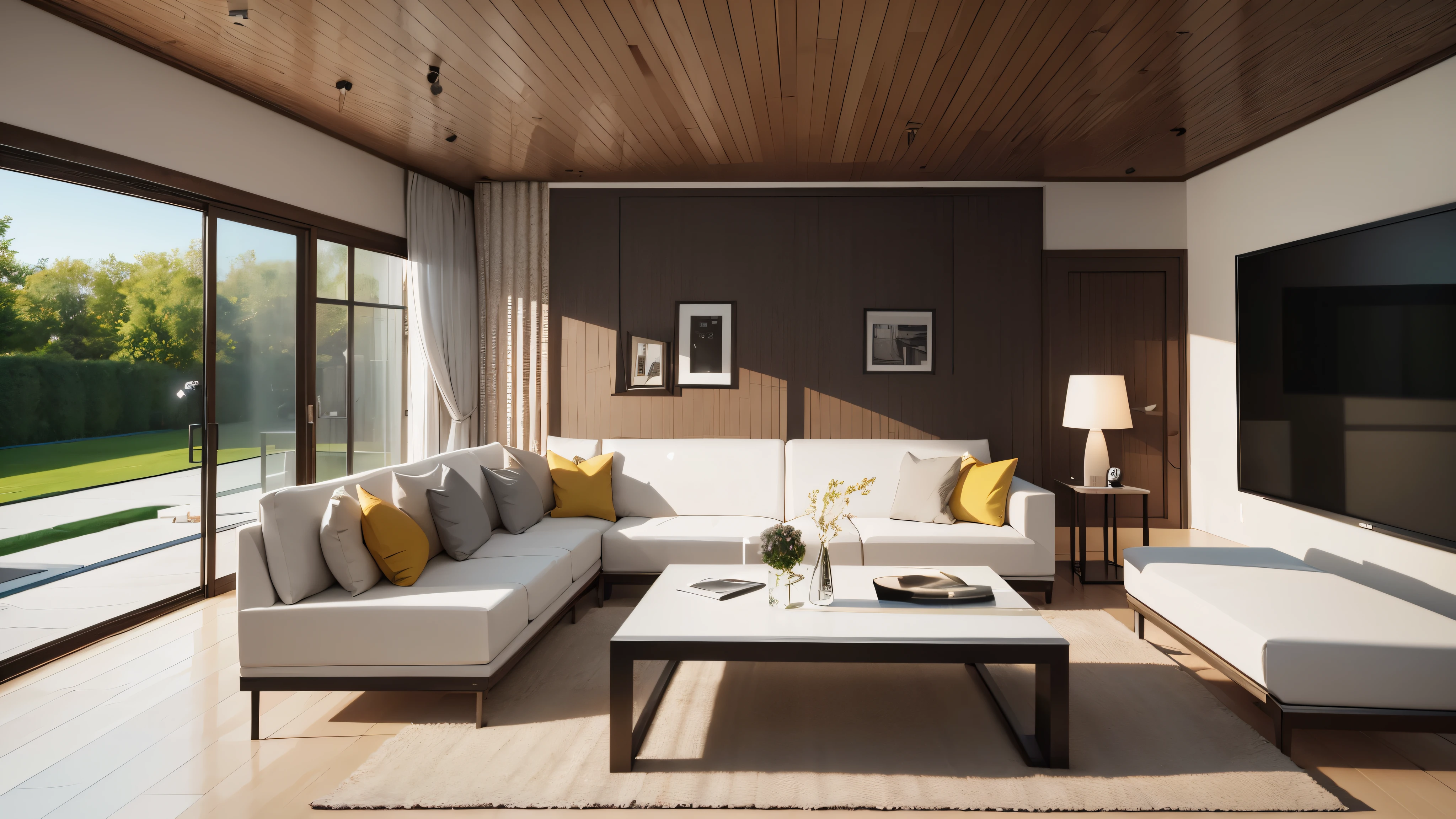 You are a famous interior designer、You have been asked to create a 3D image of a modern large room. Create a harmonious environment with modern and minimalist furniture. Including garden interior.