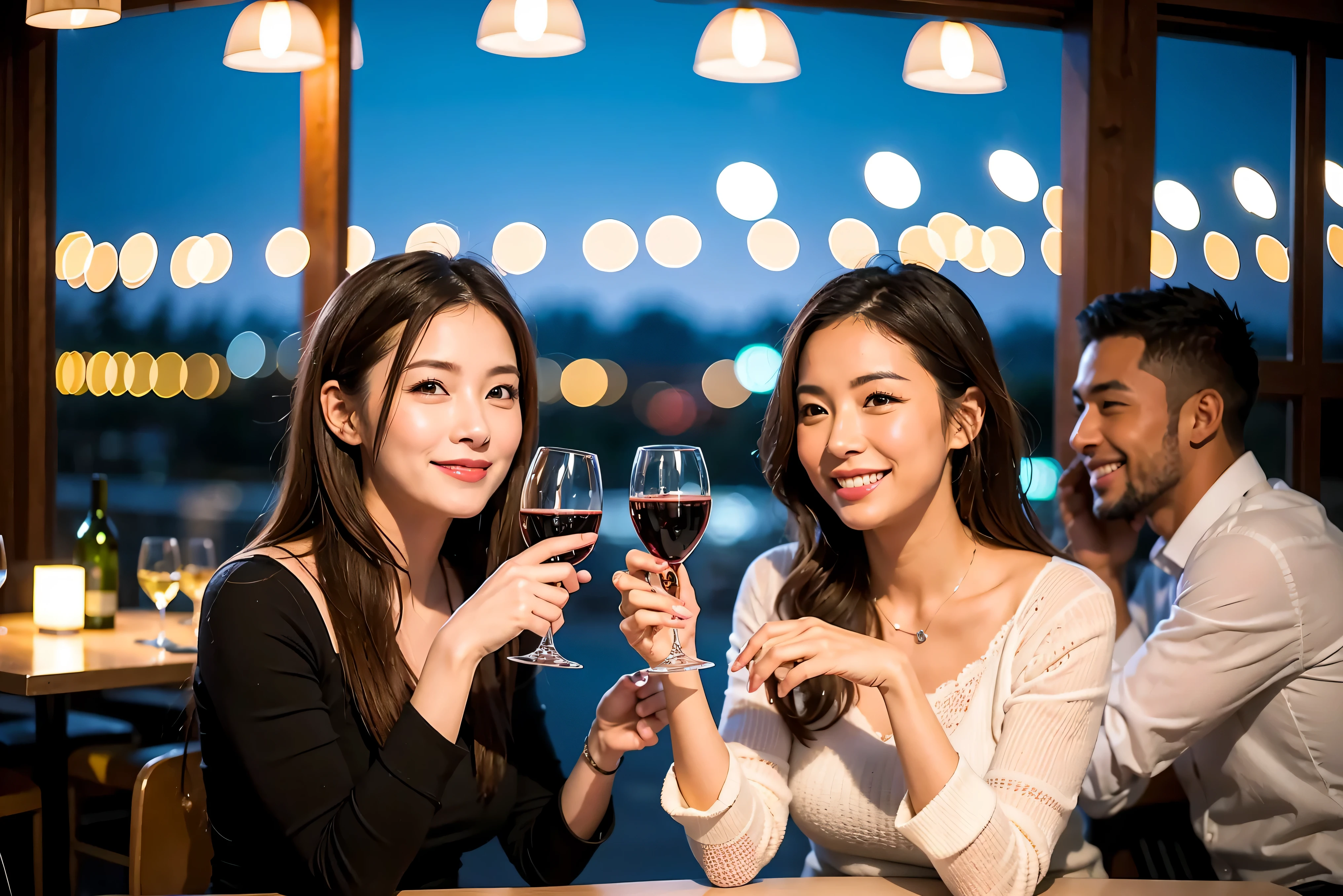 64k, UHD, highest quality, masterpiece: 1.2), (realistic, photorealistic: 1.37), Super detailed, celebration party、beauty、Japanese、beautiful mature woman、3 women who love wine、Three Men、champagne、Sparkling wine、winter night、restaurantでワイン宴会、(slimな男女4名),(Wine party for 5 people)、(slimフェイス),Happy、 最高なsmile、Fox Face、Berry Short、(because I'thin), (brown hair), (shortcut), long sleeve shirt、winter fashion、Japanese、Dutch、German、Portuguese、Belgian、Italian、french, (gushing), (slimボティ), (brown hair), (shortcut), 端正なbeauty、cheeks blush a little, (34 years old), 38 years old,32 years old、40 years old、29yo、 A beautiful and detailed night view spreads out outside the window......, restaurant, wine glassが座っている, At night, in a prominent place (from the Upper body) nova frog style, actress, model, Upper body, White wine, slim, wine glass, Very beautiful night view, wine glass Put in the Middle, Happy smile, (smile: 1.15),