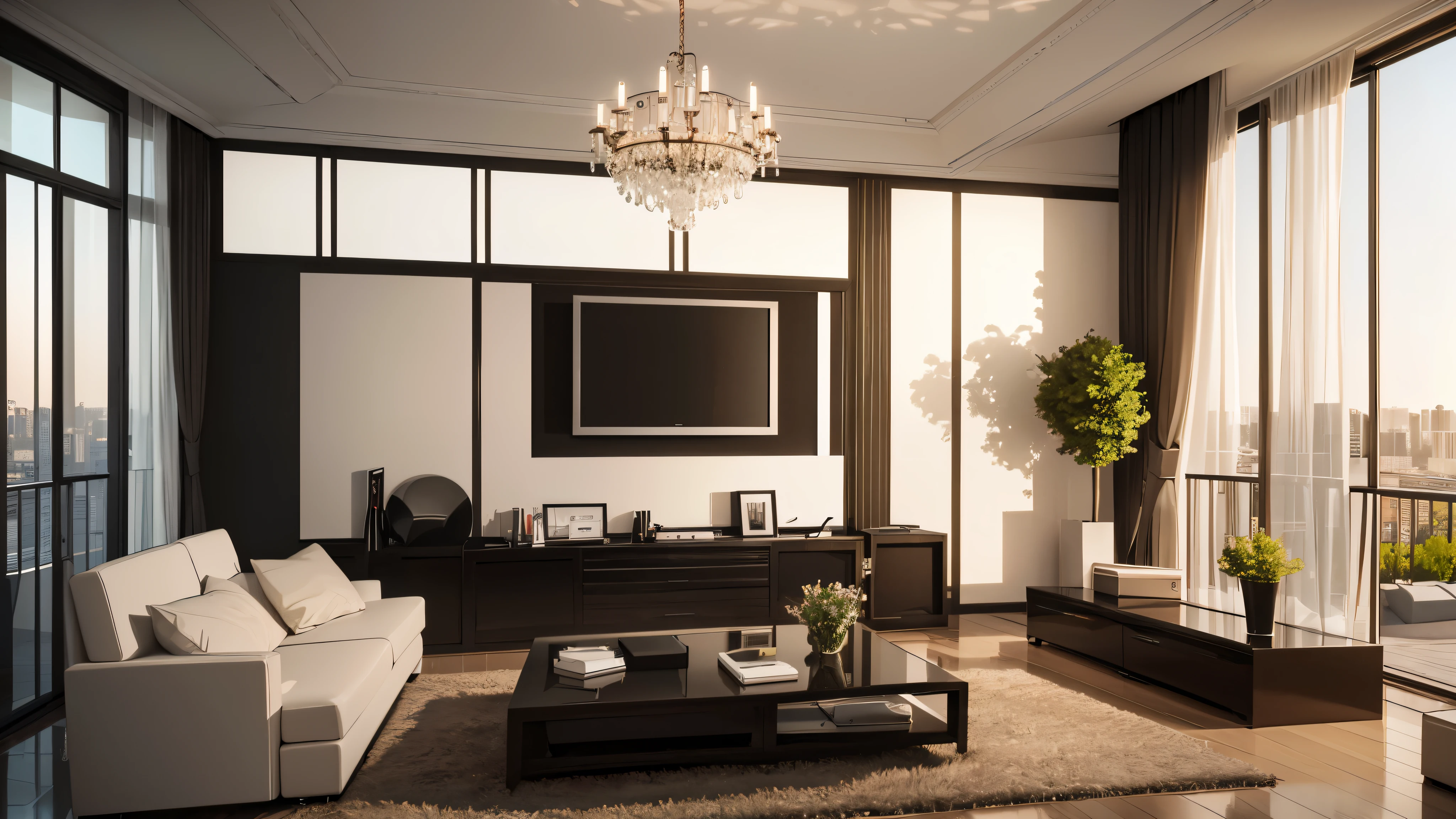 You are a famous interior designer、You have been asked to create a 3D image of a modern large room. Create a harmonious environment with modern and minimalist furniture. Including garden interior.