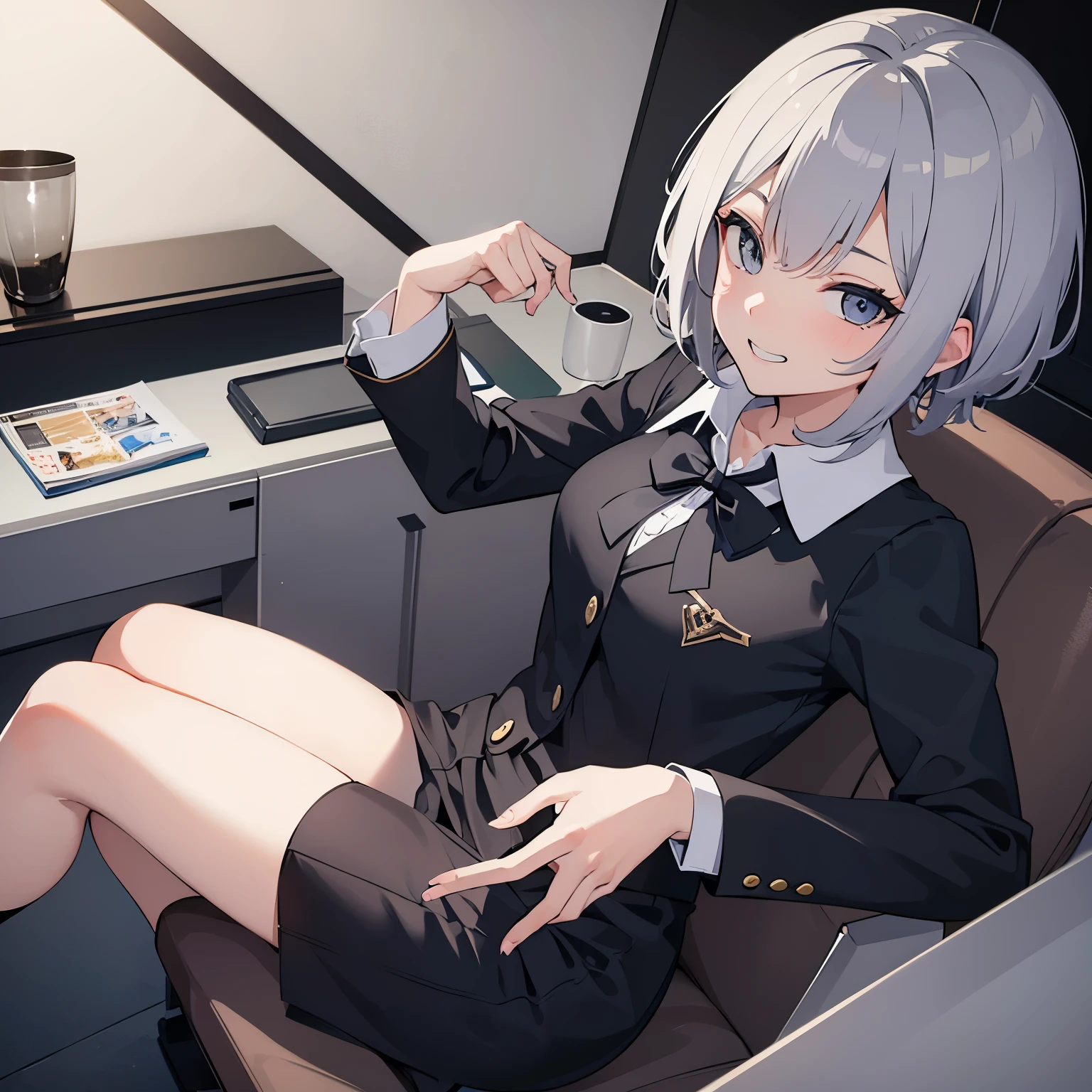 girl　gray hair color　short hair　A mischievous grin　wearing high school uniform　I'm giving a
