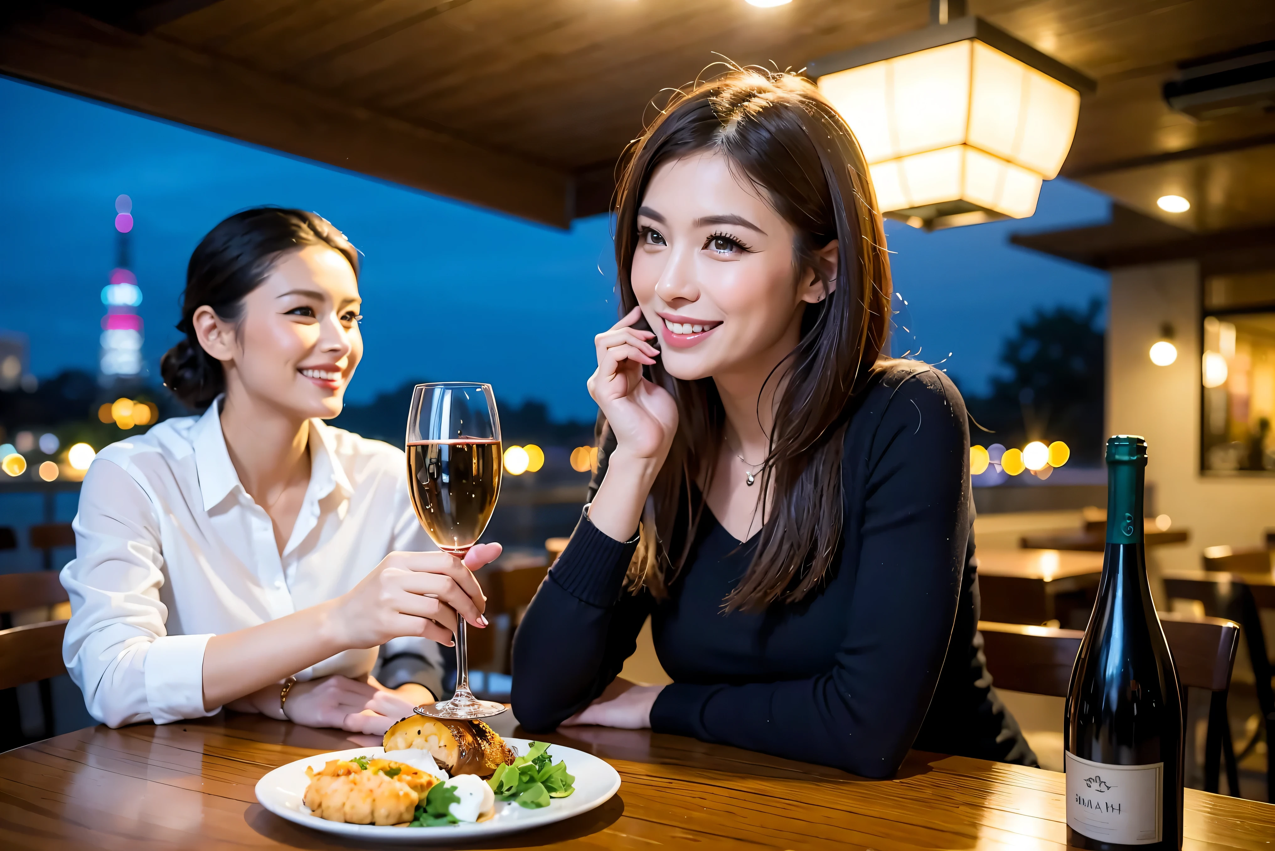 64k, UHD, highest quality, masterpiece: 1.2), (realistic, photorealistic: 1.37), Super detailed, celebration party、beauty、Japanese、beautiful mature woman、3 women who love wine、Three Men、champagne、Sparkling wine、winter night、restaurantでワイン宴会、(slimな男女4名),(Wine party for 5 people)、(slimフェイス),Happy、 最高なsmile、Fox Face、Berry Short、(because I'thin), (brown hair), (shortcut), long sleeve shirt、winter fashion、Japanese、Dutch、German、Portuguese、Belgian、Italian、french, (gushing), (slimボティ), (brown hair), (shortcut), 端正なbeauty、cheeks blush a little, (34 years old), 38 years old,32 years old、40 years old、29yo、 A beautiful and detailed night view spreads out outside the window......, restaurant, wine glassが座っている, At night, in a prominent place (from the Upper body) nova frog style, actress, model, Upper body, White wine, slim, wine glass, Very beautiful night view, wine glass Put in the Middle, Happy smile, (smile: 1.15),