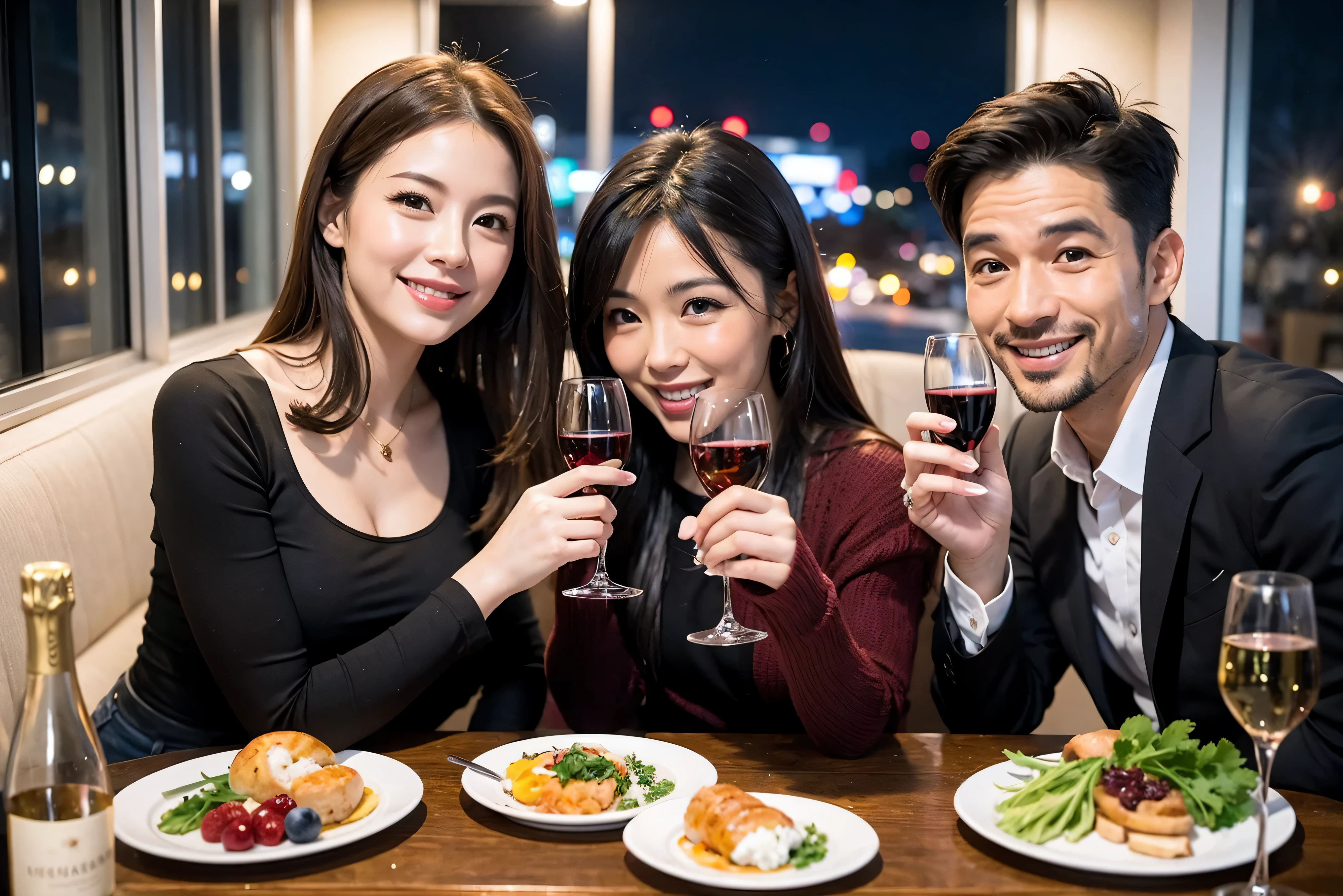 64k, UHD, highest quality, masterpiece: 1.2), (realistic, photorealistic: 1.37), Super detailed, celebration party、beauty、Japanese、beautiful mature woman、3 women who love wine、Three Men、champagne、Sparkling wine、winter night、restaurantでワイン宴会、(slimな男女4名),(Wine party for 5 people)、(slimフェイス),Happy、 最高なsmile、Fox Face、Raccoon face、Berry Short、(because I&#39;thin), (brown hair), (shortcut), long sleeve shirt、winter fashion、Colombia、Brazilian、Japanese、Dutch、German、Portuguese、Belgian、Italian、french, (gushing), (slimボティ), (brown hair), (shortcut), 端正なbeauty、cheeks blush a little, (41 years old), 38 years old, 35 years old、32 years old、 A beautiful and detailed night view spreads out outside the window......, restaurant, wine glassが座っている, At night, in a prominent place (from the Upper body) nova frog style, actress, model, Upper body, White wine, slim, wine glass, Very beautiful night view, wine glass Put in the Middle, Happy smile, (smile: 1.15), 