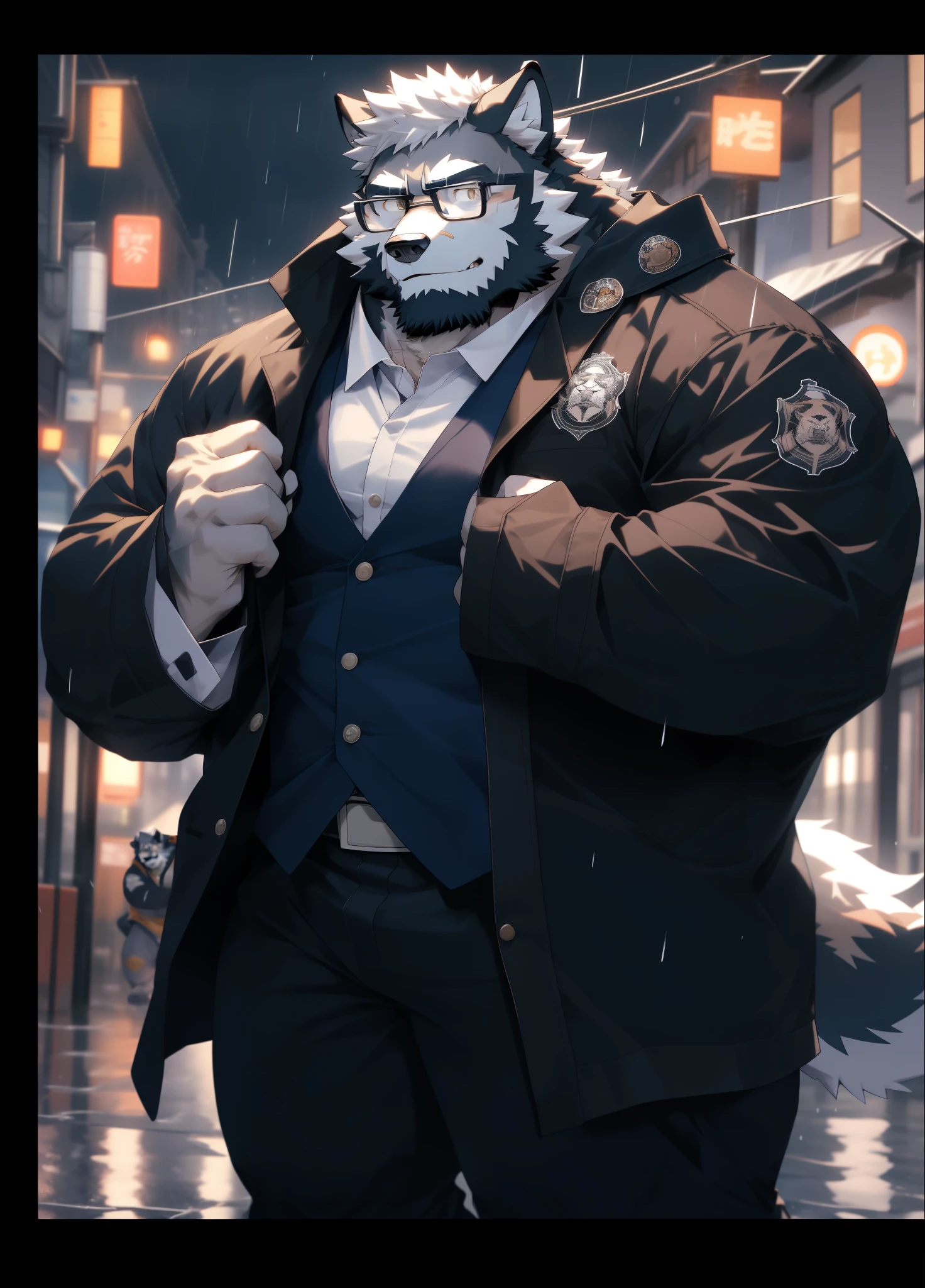 hairy,(Wolf,Black-rimmed glasses,Orange firefighter costume),beard,white fur,male,Common,full-body shot, dynamic poses,smirk,rainy day,night,dark night,Detailed background,极其lifelike阴影,masterpiece,Very detailed,lifelike