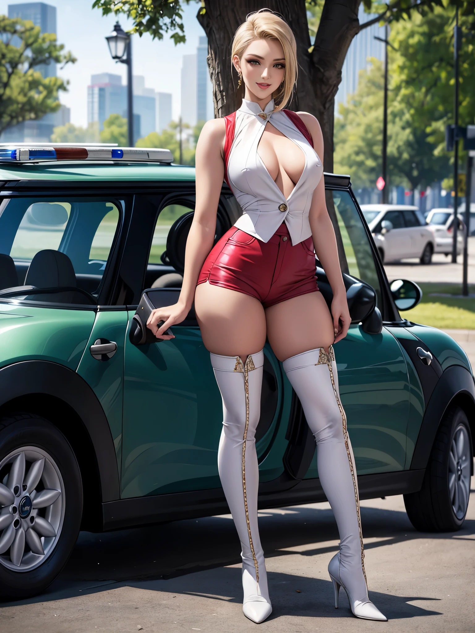 Lighting from front,(brunette or blonde、Slicked back hair)、3 mature MILFs、Ultra realistic 8K, flawless,tall,(Heavy makeup), Small breasts:1.0、tall、Earring、Standing in the Park、Nikon Z 85mm, ((Best Quality)) ,((masterpiece)), intricate detailes,Extremely delicate and beautiful, ((White Police uniforms,Wide Open chest,Mini hot pants,Sleeveless)):1.4、(Long boots with high stiletto heels):1.2、Full body shot:1.0、Cool smile