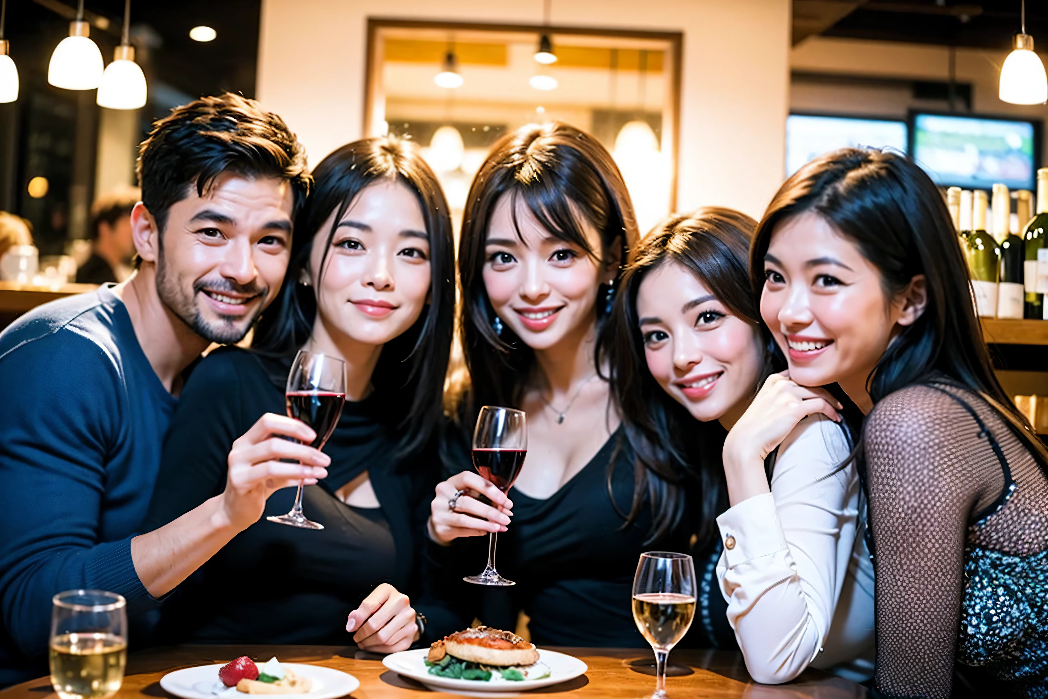 64k, UHD, highest quality, masterpiece: 1.2), (realistic, photorealistic: 1.37), Super detailed, celebration party、beauty、Japanese、beautiful mature woman、3 women who love wine、Three Men、champagne、Sparkling wine、winter night、restaurantでワイン宴会、(slimな男女4名),(Wine party for 5 people)、(slimフェイス),Happy、 最高なsmile、Fox Face、Raccoon face、Berry Short、(because I'thin), (brown hair), (shortcut), long sleeve shirt、winter fashion、Colombia、Brazilian、Japanese、Dutch、German、Portuguese、Belgian、Italian、french, (gushing), (slimボティ), (brown hair), (shortcut), 端正なbeauty、cheeks blush a little, (41 years old), 38 years old, 35 years old、32 years old、 A beautiful and detailed night view spreads out outside the window......, restaurant, wine glassが座っている, At night, in a prominent place (from the Upper body) nova frog style, actress, model, Upper body, White wine, slim, wine glass, Very beautiful night view, wine glass Put in the Middle, Happy smile, (smile: 1.15),