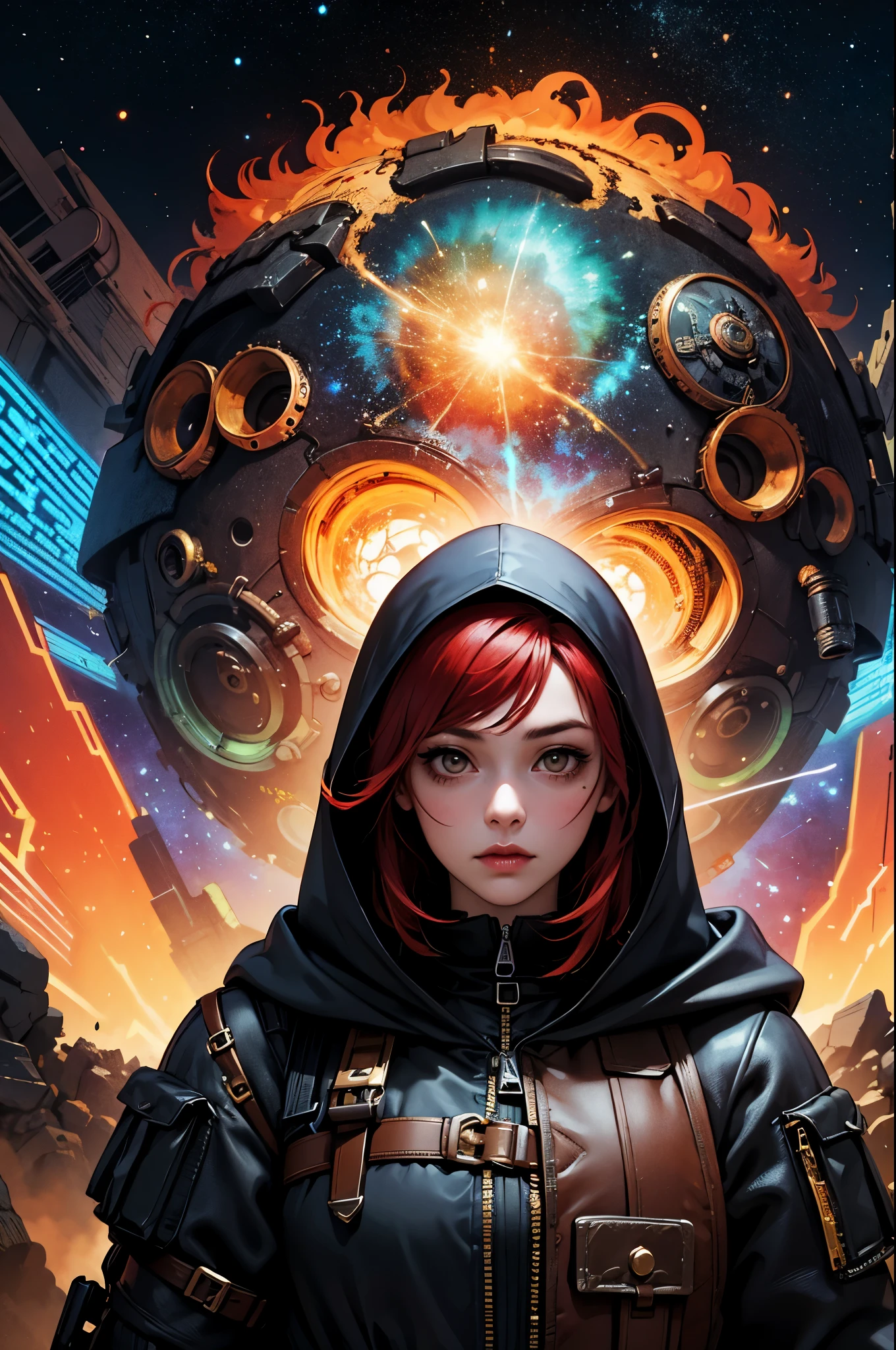 1girl,(red_hair, post apocalyptic, steampunk, hooded steampunk tactical gear and goggles:1.1),(zentangle, mandala, tangle, entangle:0.6),(fractal, atmospheric, psychedelic, aesthetic,,cosmic, colorful, dreamlike art),the most beautiful form of chaos,brutalist designed, metal fragments and debris blowing in the wind