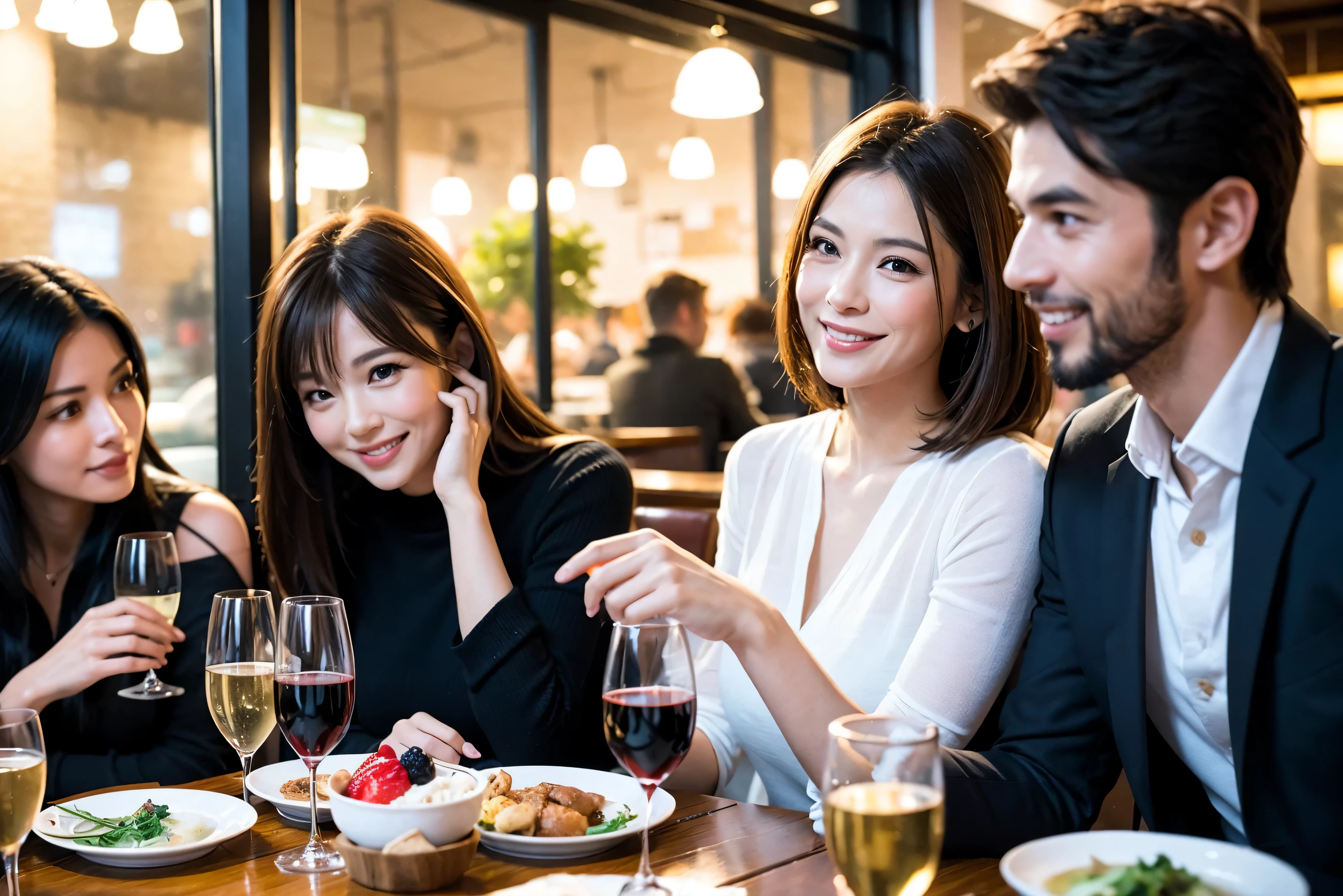 64k, UHD, highest quality, masterpiece: 1.2), (realistic, photorealistic: 1.37), Super detailed, celebration party、beauty、Japanese、beautiful mature woman、3 women who love wine、Three Men、champagne、Sparkling wine、winter night、restaurantでワイン宴会、(slimな男女4名),(Wine party for 5 people)、(slimフェイス),Happy、 最高なsmile、Fox Face、Raccoon face、Berry Short、(because I'thin), (brown hair), (shortcut), long sleeve shirt、winter fashion、Colombia、Brazilian、Japanese、Dutch、German、Portuguese、Belgian、Italian、french, (gushing), (slimボティ), (brown hair), (shortcut), 端正なbeauty、cheeks blush a little, (41 years old), 38 years old, 35 years old、32 years old、 A beautiful and detailed night view spreads out outside the window......, restaurant, wine glassが座っている, At night, in a prominent place (from the Upper body) nova frog style, actress, model, Upper body, White wine, slim, wine glass, Very beautiful night view, wine glass Put in the Middle, Happy smile, (smile: 1.15),
