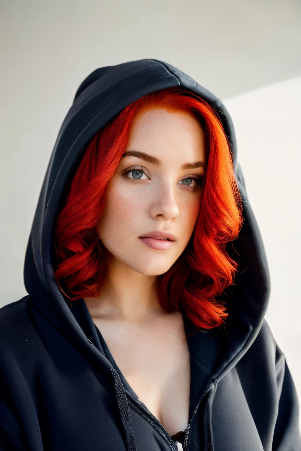 arafed woman with red hair and a zip hoodie looking at the camera, girl wearing lingerie, 🤤 girl portrait, wearing a hoodie, wearing hoodie, red haired girl wearing hoodie, wearing a grey hooded sweatshirt, wearing a hoody, without makeup, soft portrait shot 8 k, wearing a blue hoodie, wearing sweatshirt, selfie of a young woman