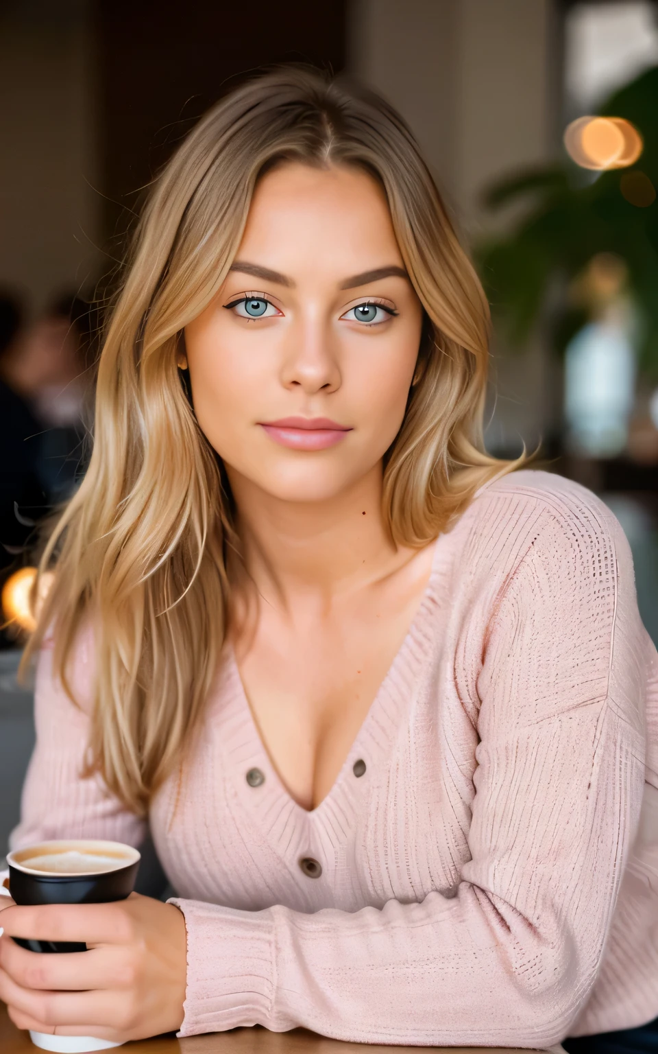 beautiful blonde wearing pink sweater (sipping coffee inside a modern café at sunset), very detailed, 21 years old, innocent face, natural wavy hair, blue eyes, high resolution, masterpiece, best quality, intricate details, highly detailed, sharp focus, detailed skin, realistic skin texture, texture, detailed eyes, professional, busty low cut dress, 4k, charming smile, shot on Canon, 85mm, shallow depth of field, kodak vision color, perfect fit body, extremely detailed, foto_\(ultra\), photorealistic, realistic, post-processing, maximum detail, roughness, real life, ultra realistic, photorealism, photography, 8k uhd, photography