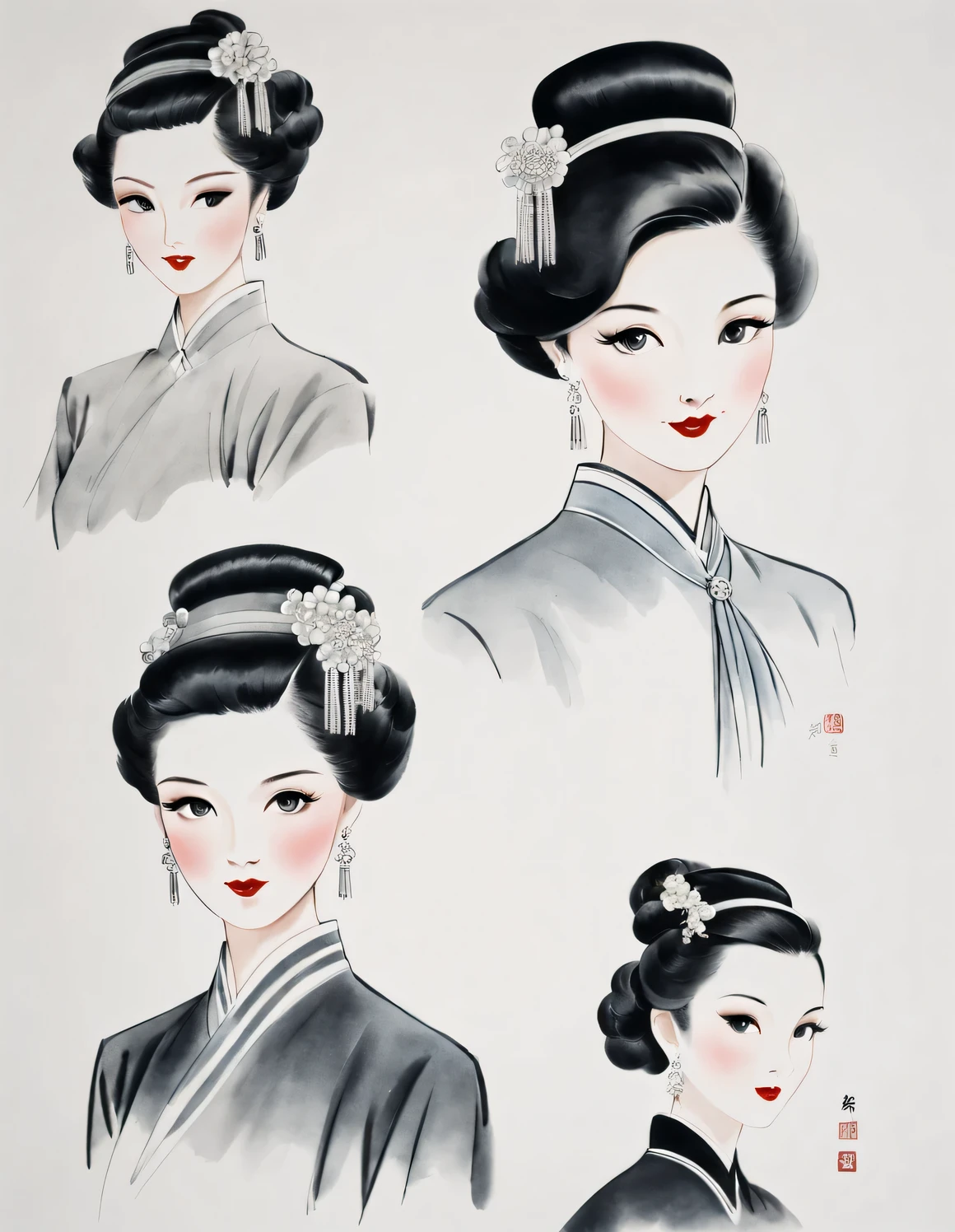 Ink portraits of Chinese beauties in the 1930s, ( Hairstyle and clothing 0.85 1930s, )
movie light, Fashion, Overhead light, close up, close up, spotlight, hazy, gorgeous clothes, line art, ink painting,