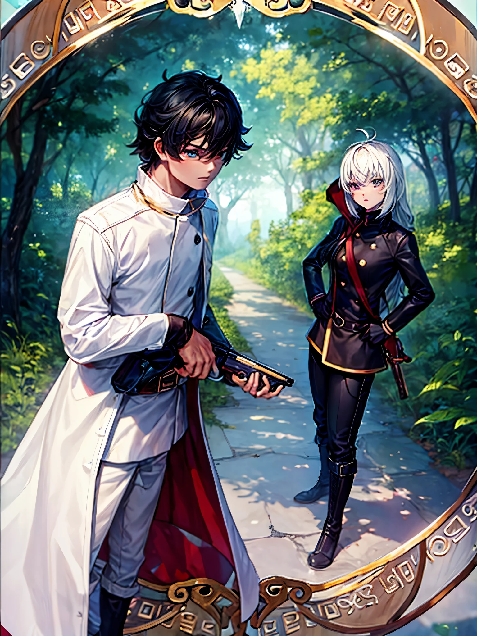 Anime, realista, olhos detalhados, fundo de uma floresta, super detalhes. 