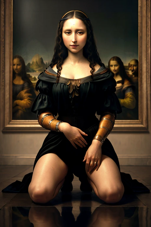 Depraved Mona Lisa in kneeling pose, ( looking at viewer:1.5), high definition, best quality, ultra high res, (photorealistic:1.5), (Skin reflection:1.3), RAW photo, physically-based rendering, shiny skin, curvy